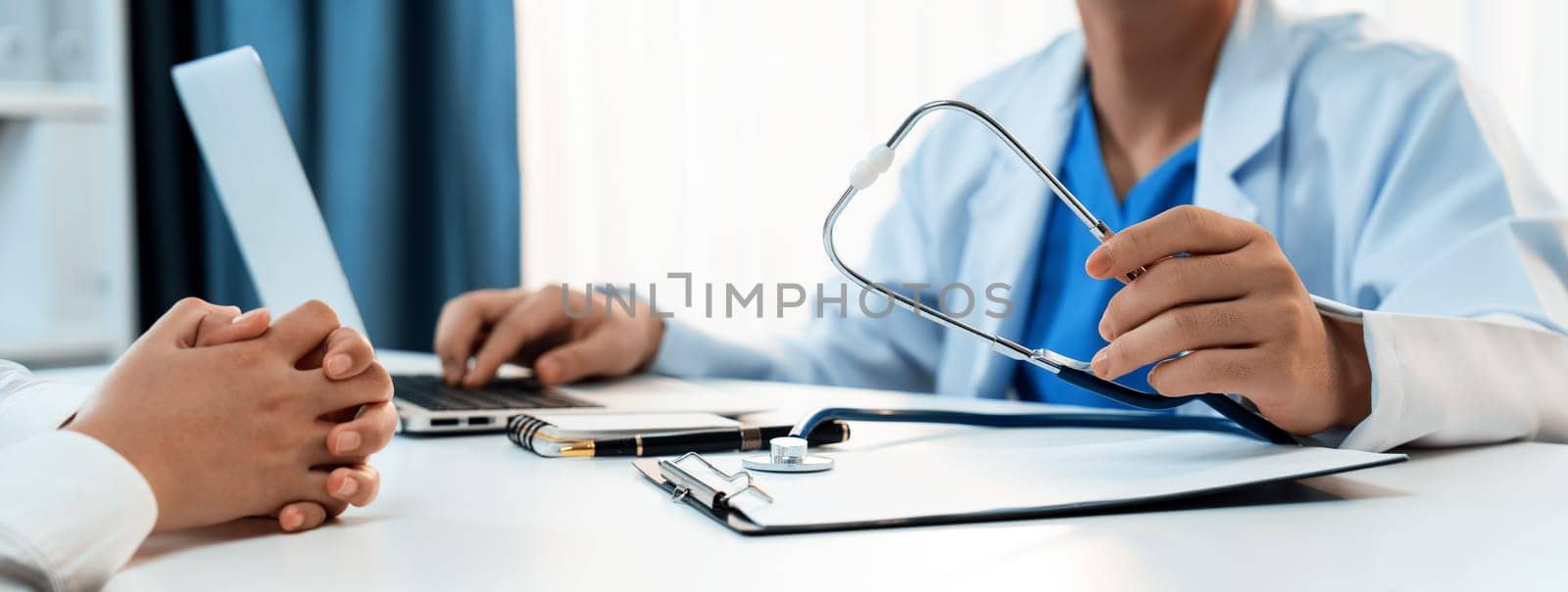 Patient attend doctor's appointment at clinic or hospital office, discussing medical treatment options and explaining examination results or medical record about sickness. Panorama Rigid