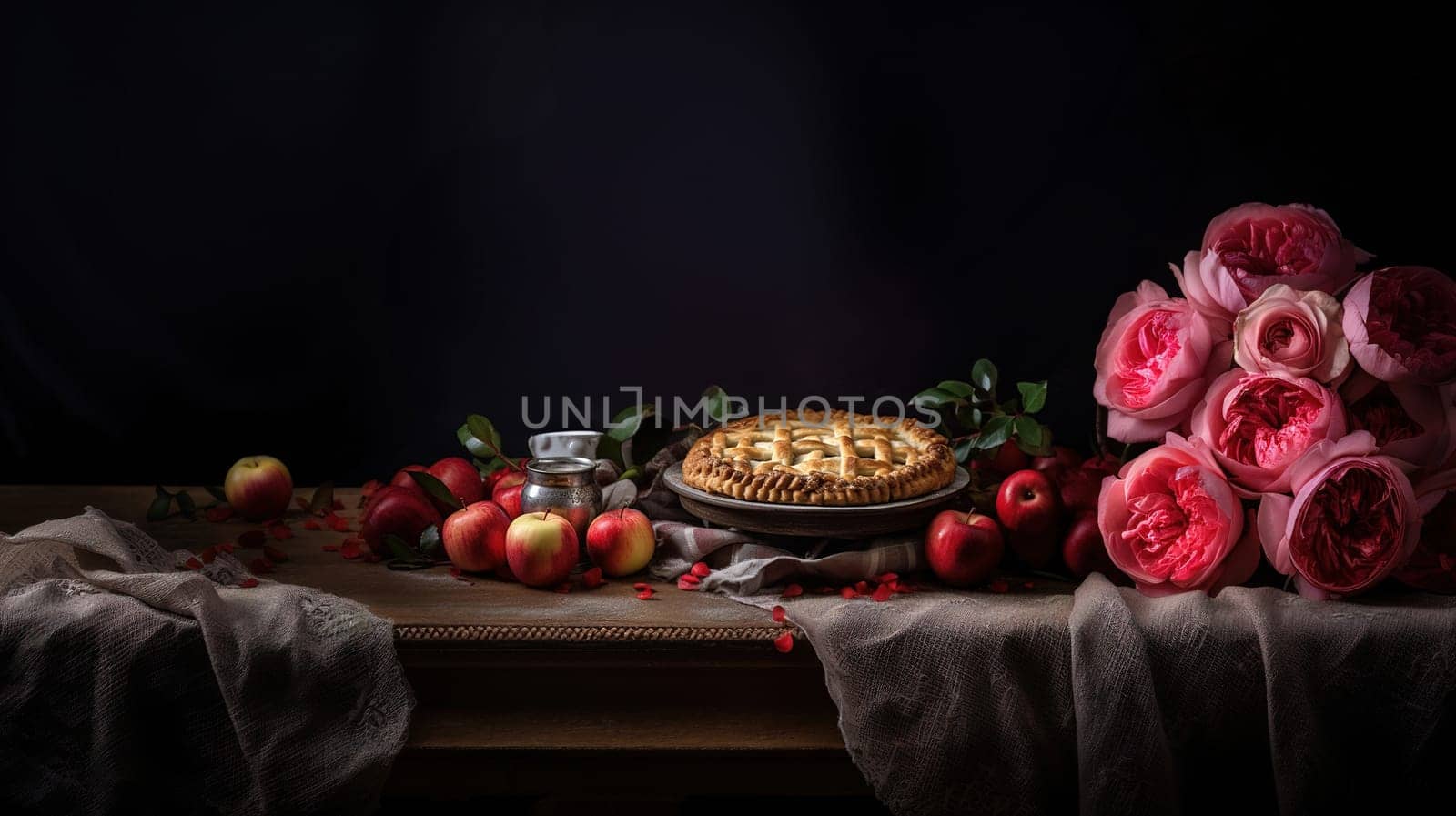 still life with homemade apple pie on a wooden table, ripe apples and a bouquet of luxurious pink peonies are scattered around, Generated AI