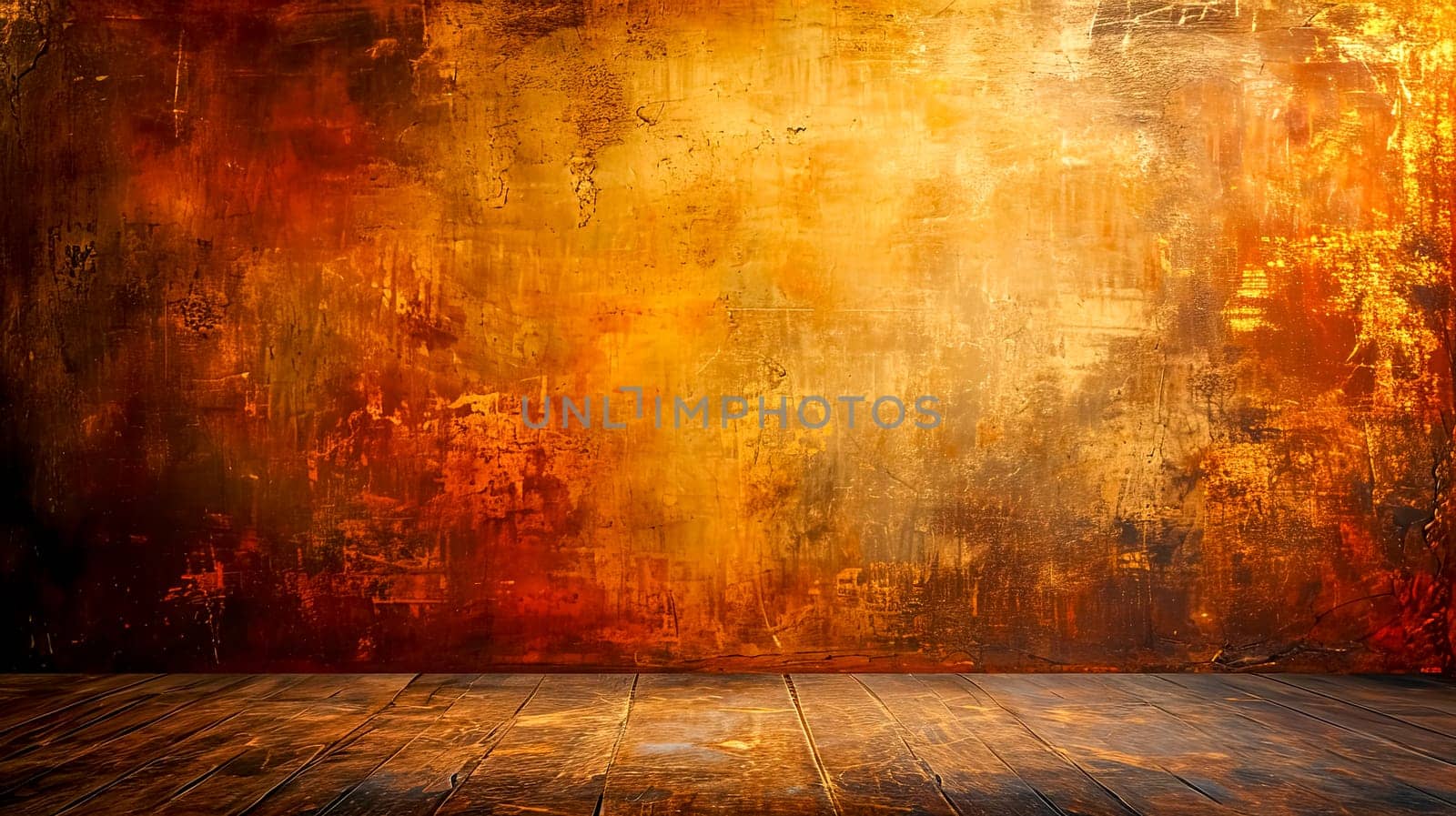 abstract painting in rich gold and burnt orange tones, creating an impression of warmth and depth, against a dark wooden floor, suitable for a sophisticated backdrop or artistic display