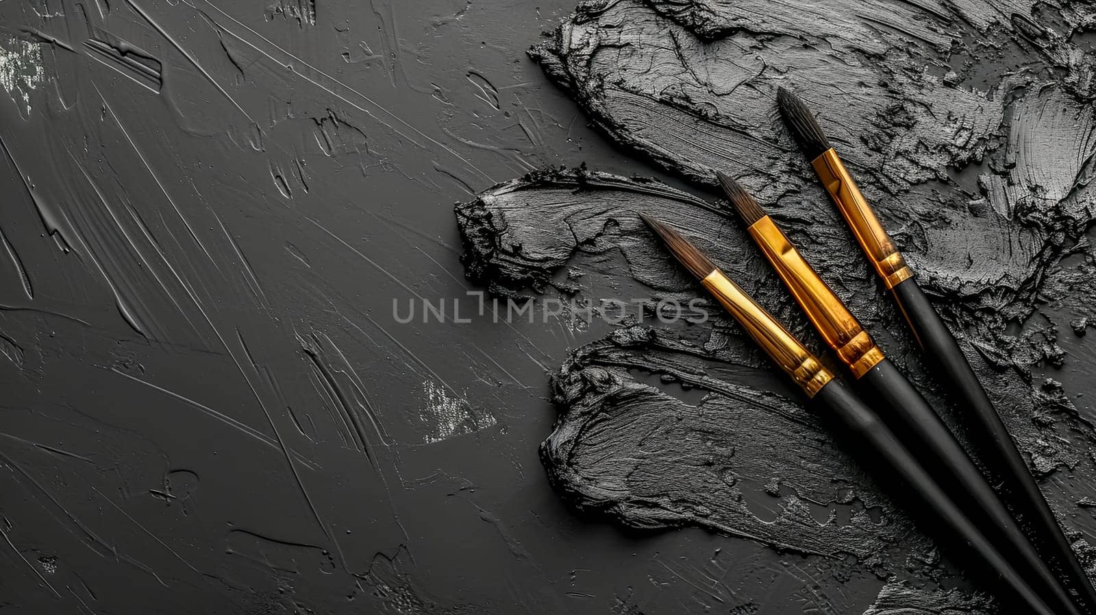 three paintbrushes with golden ferrules resting on a textured charcoal black painted surface, portraying the essence of the creative process in art and painting.