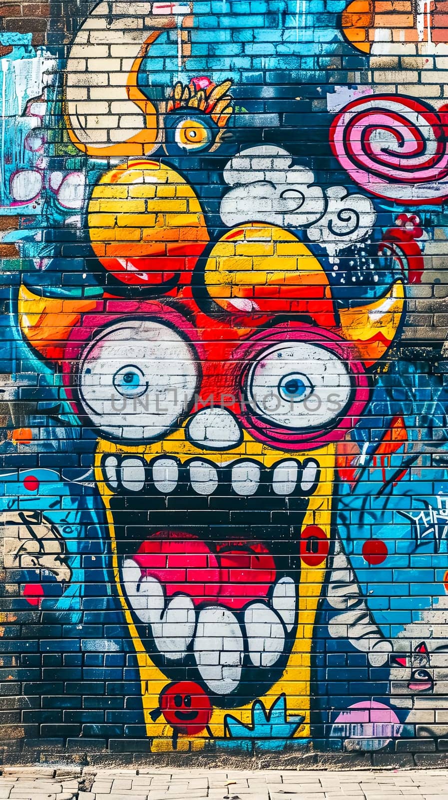 graffiti piece on a brick wall featuring an eccentric character with large, round eyes and a whimsical expression, vertical