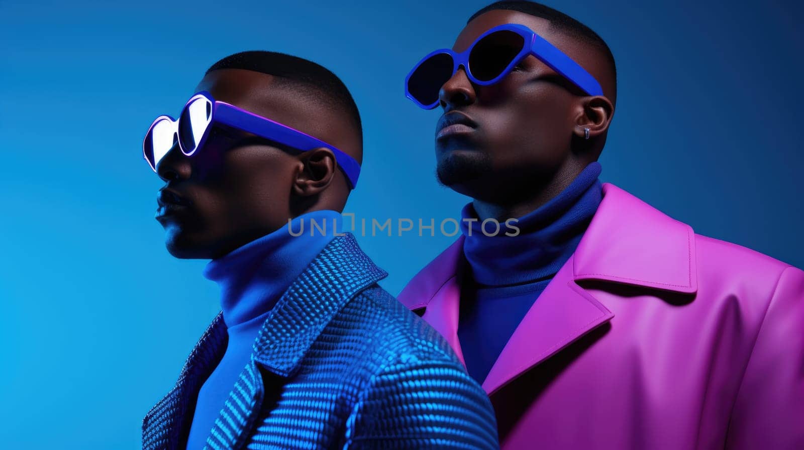 Young handsome models posing in a studio in a trendy neon light. Black two man by natali_brill