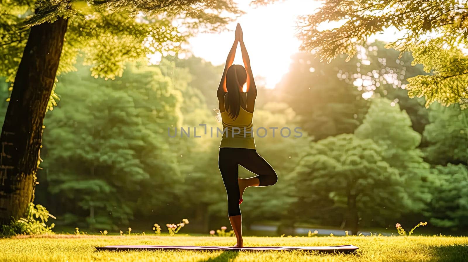 Connect with nature as a girl gracefully practices yoga, finding serenity in the outdoor surroundings. Her poses harmonize with the natural beauty of the environment.