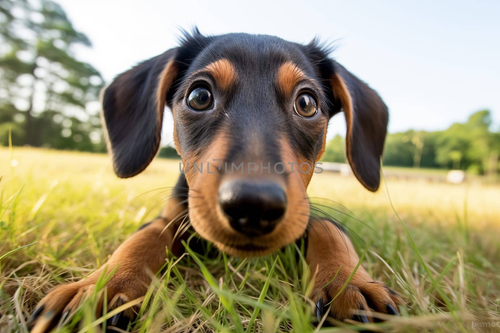Young dachshund puppy lying in a sunlit field, surrounded by nature