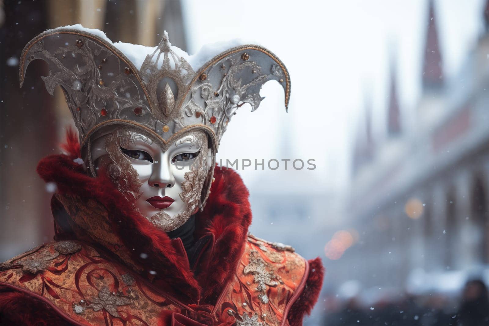 A person adorned in a richly detailed and colorful carnival costume, complete with an elaborate mask, participates in the iconic Venice Carnival with snowfall