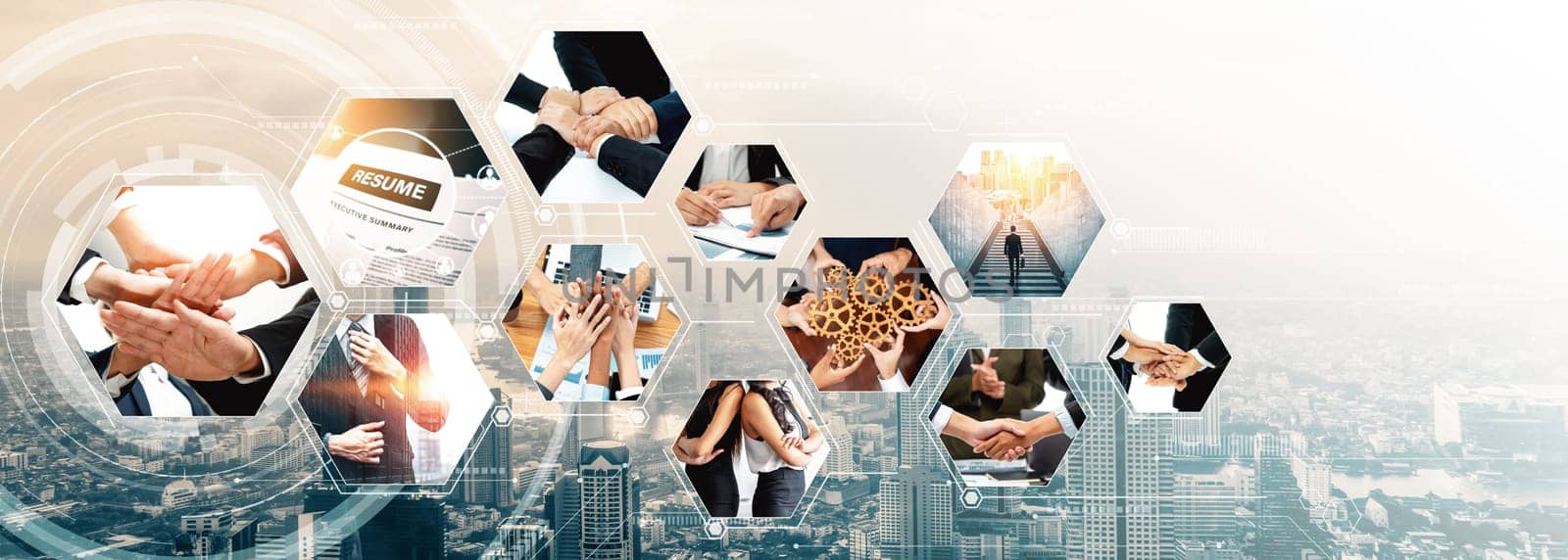 Teamwork and human resources HR management technology concept in corporate business with people group networking to support partnership, trust, teamwork and unity of coworkers in office vexel