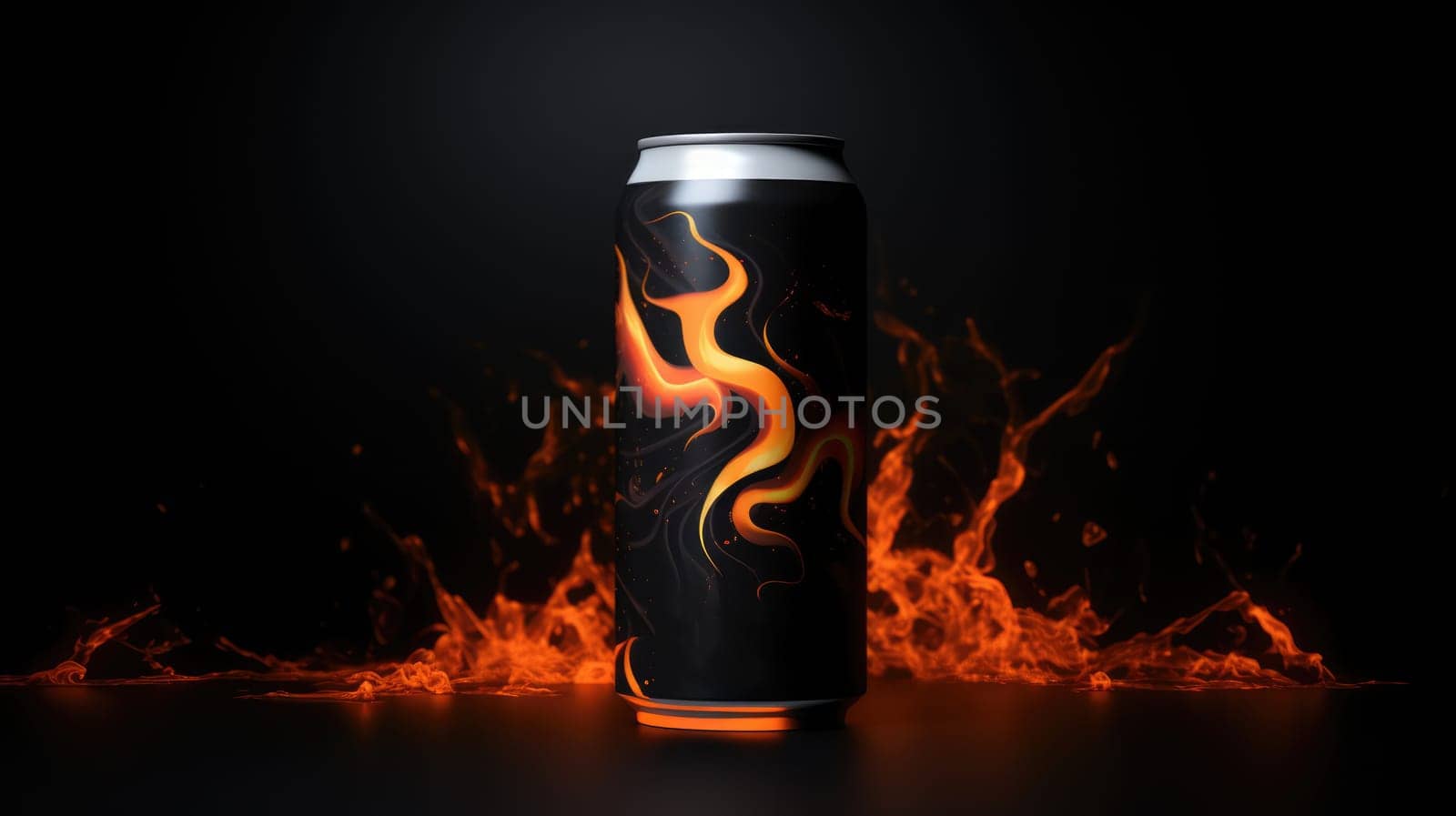 Can of energy drink mockup, fire on the black background AI