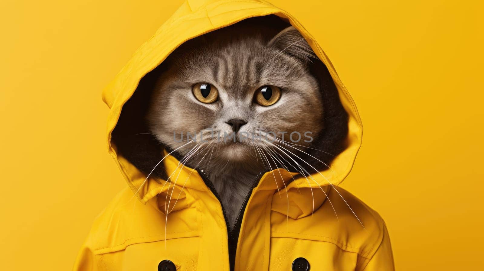 Hipster cat in a coat on a yellow background AI