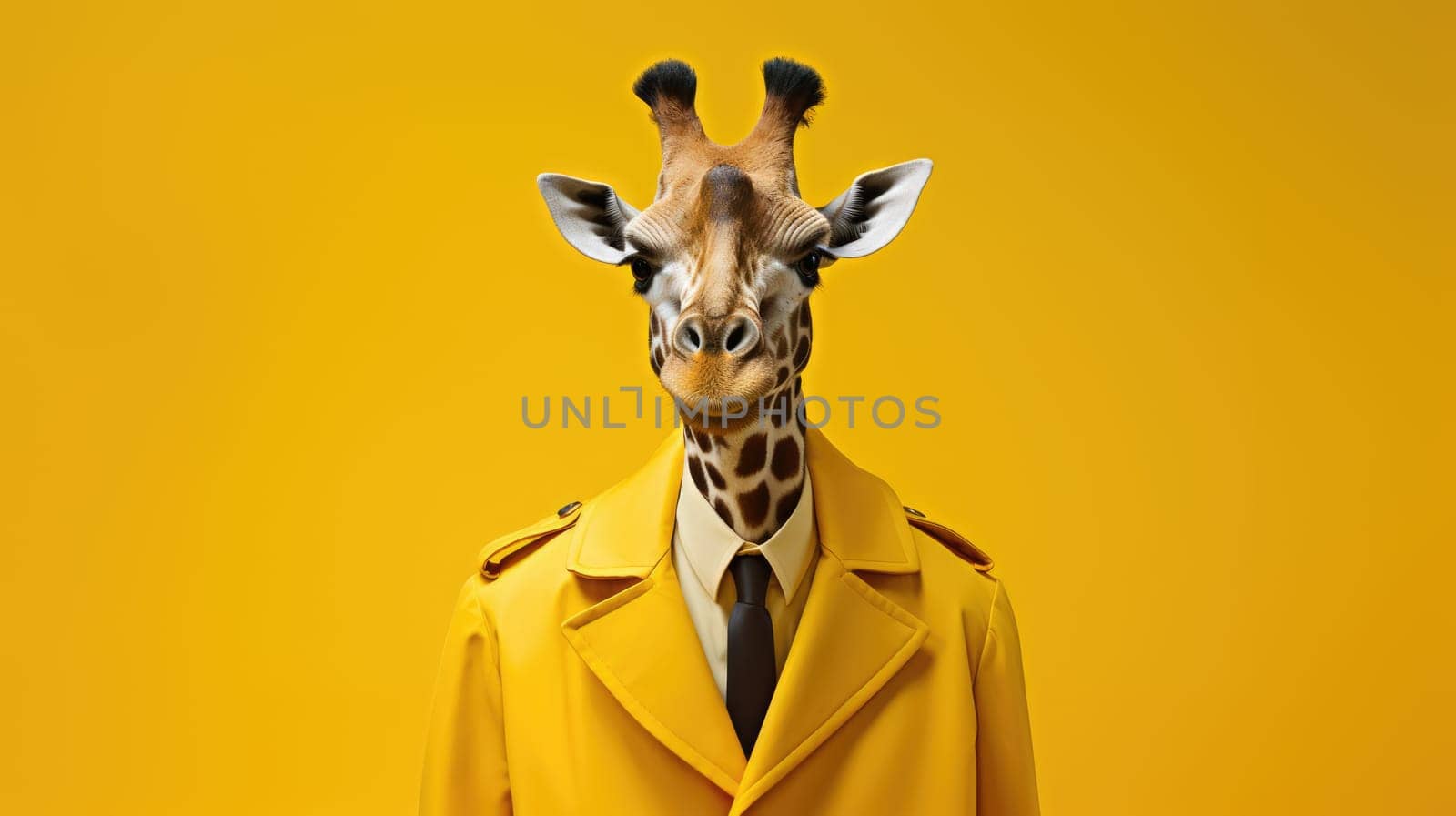 Giraffe in a coat on a yellow background AI