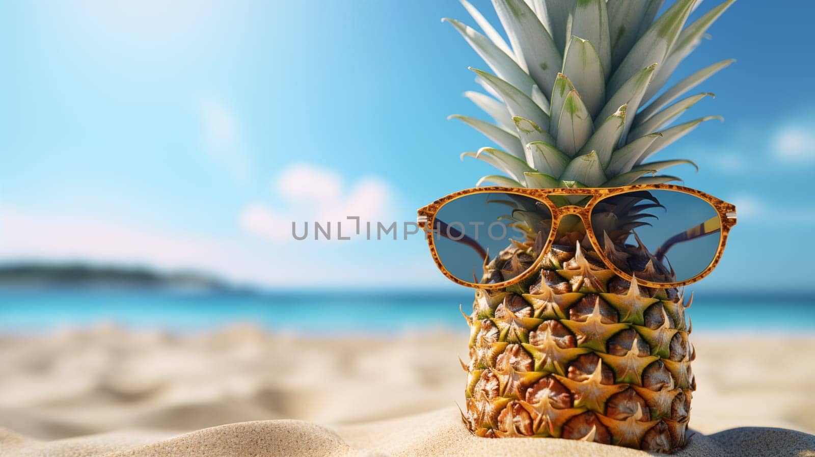 Cute Pineapple With Sunglasses In The Beach, blue sky