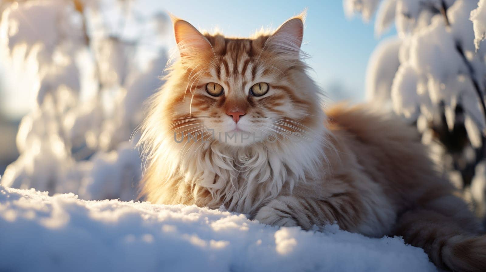 Adorable, ginger fluffy cat sitting on the snow in a beautiful winter landscape. Look at camera