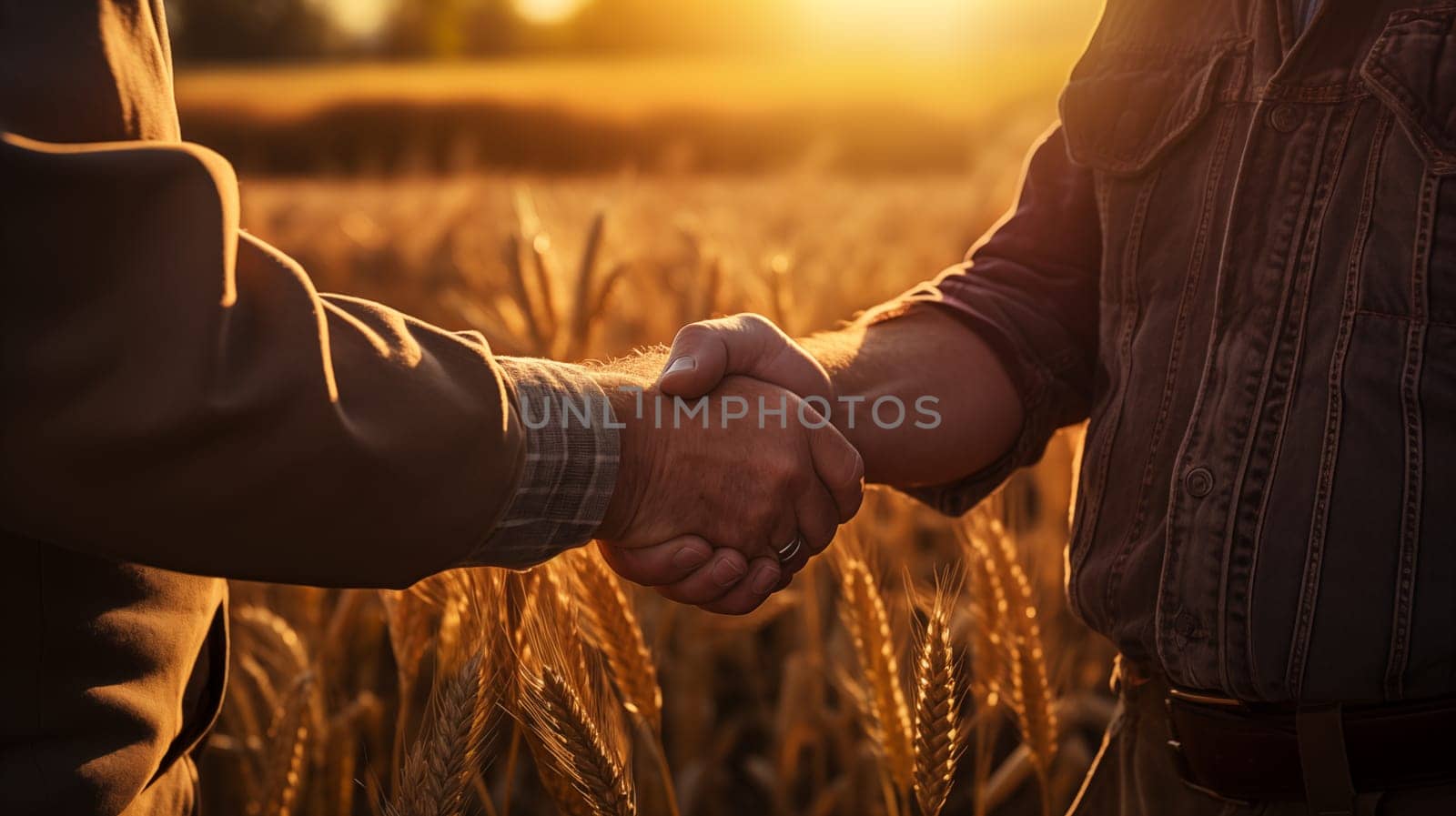 Handshake of two farmers against the backdrop of a field with golden wheat. Close up