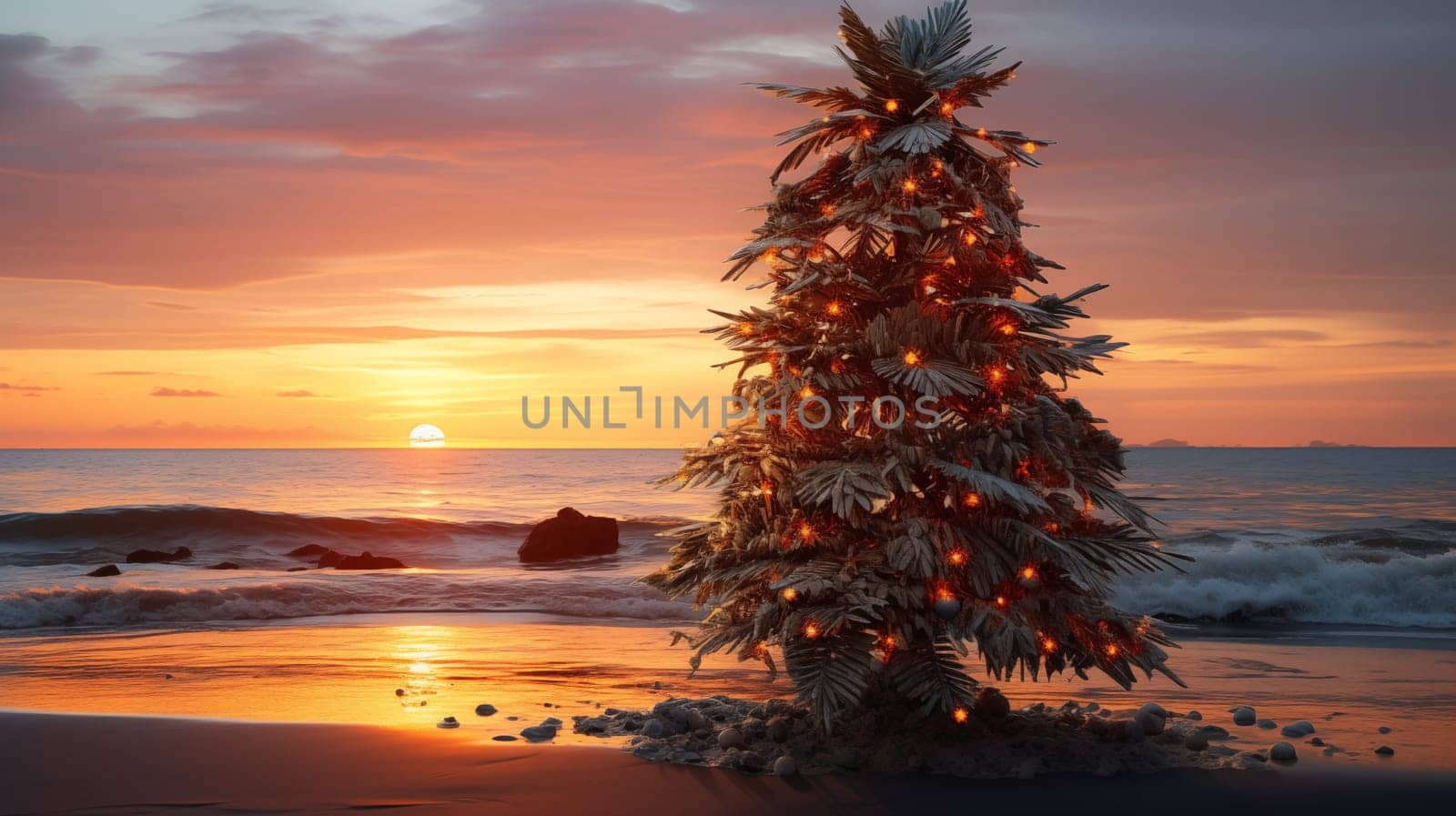 Christmas tree made of palm leaves on the beach at sunset with waves and bright sky.