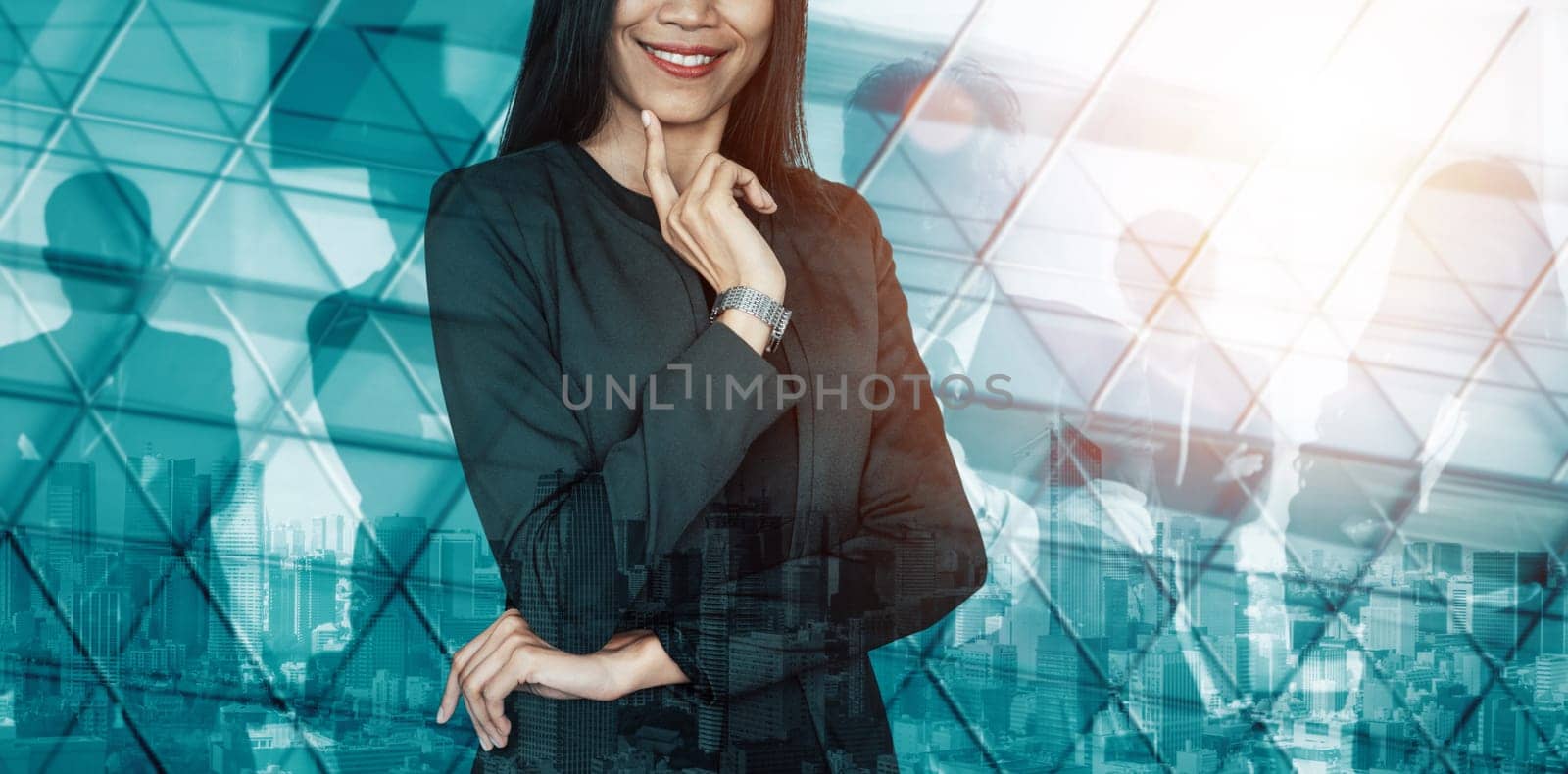 Double Exposure Image of Success Business People on abstract modern city background. Future business and communication technology concept. Surreal futuristic multiple exposure graphic interface. uds