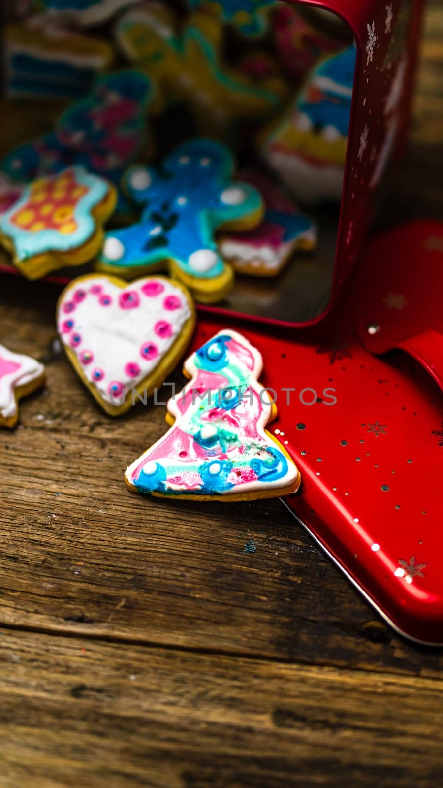 Tasty homemade Christmas cookies on wooden table