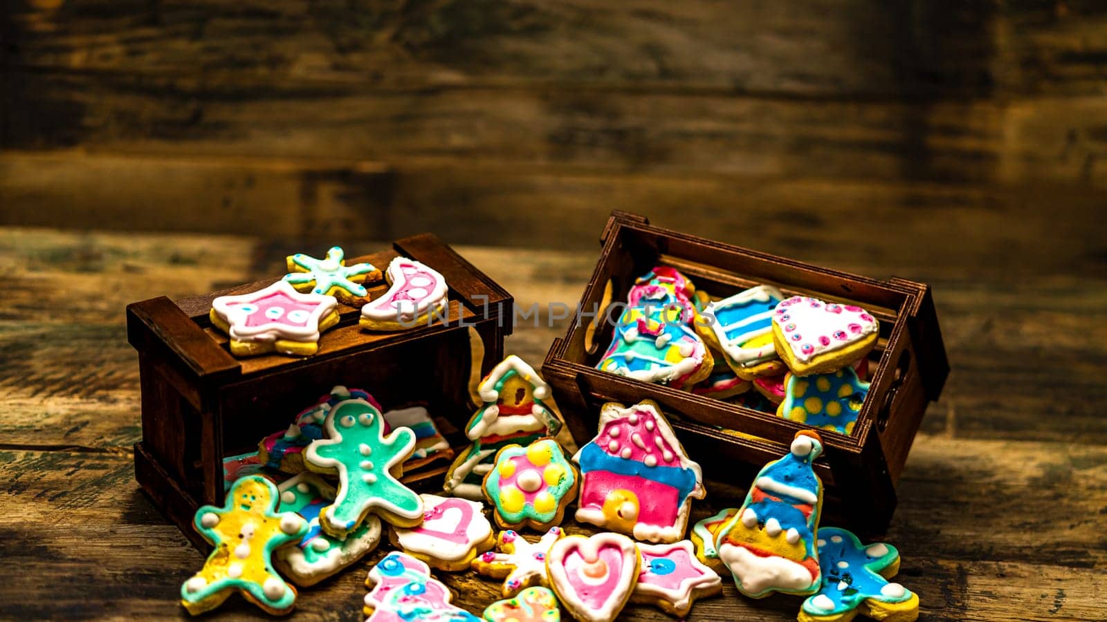 Tasty homemade Christmas cookies on wooden table