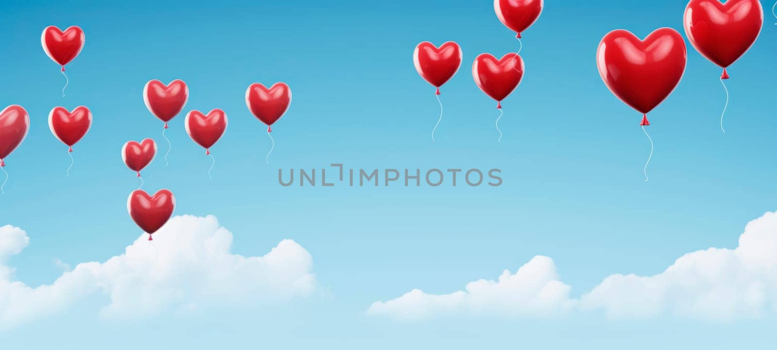 Vibrant red heart-shaped balloons ascend into a sunny sky with fluffy clouds, symbolizing love and happiness.