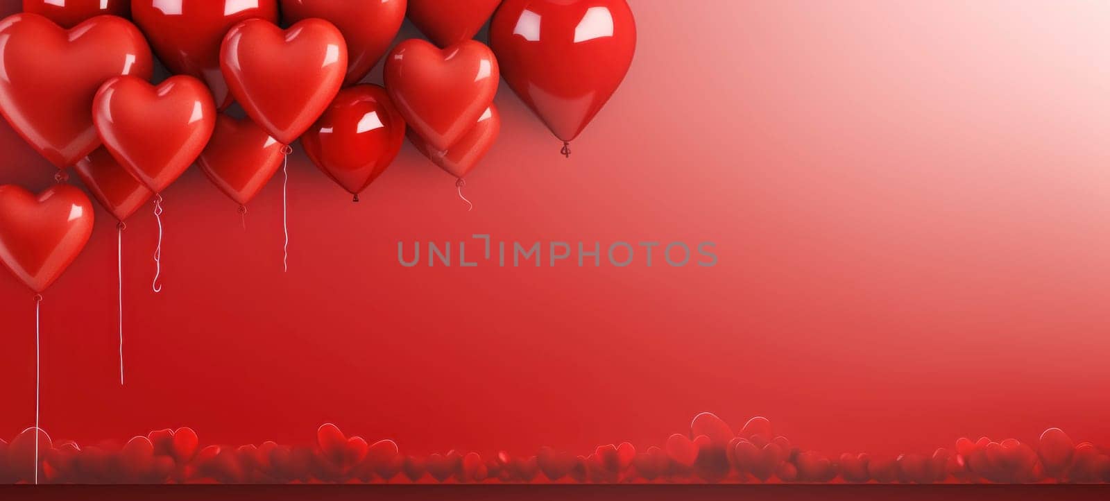 Glossy red heart-shaped balloons on a red gradient backdrop, ideal for Valentine's celebrations