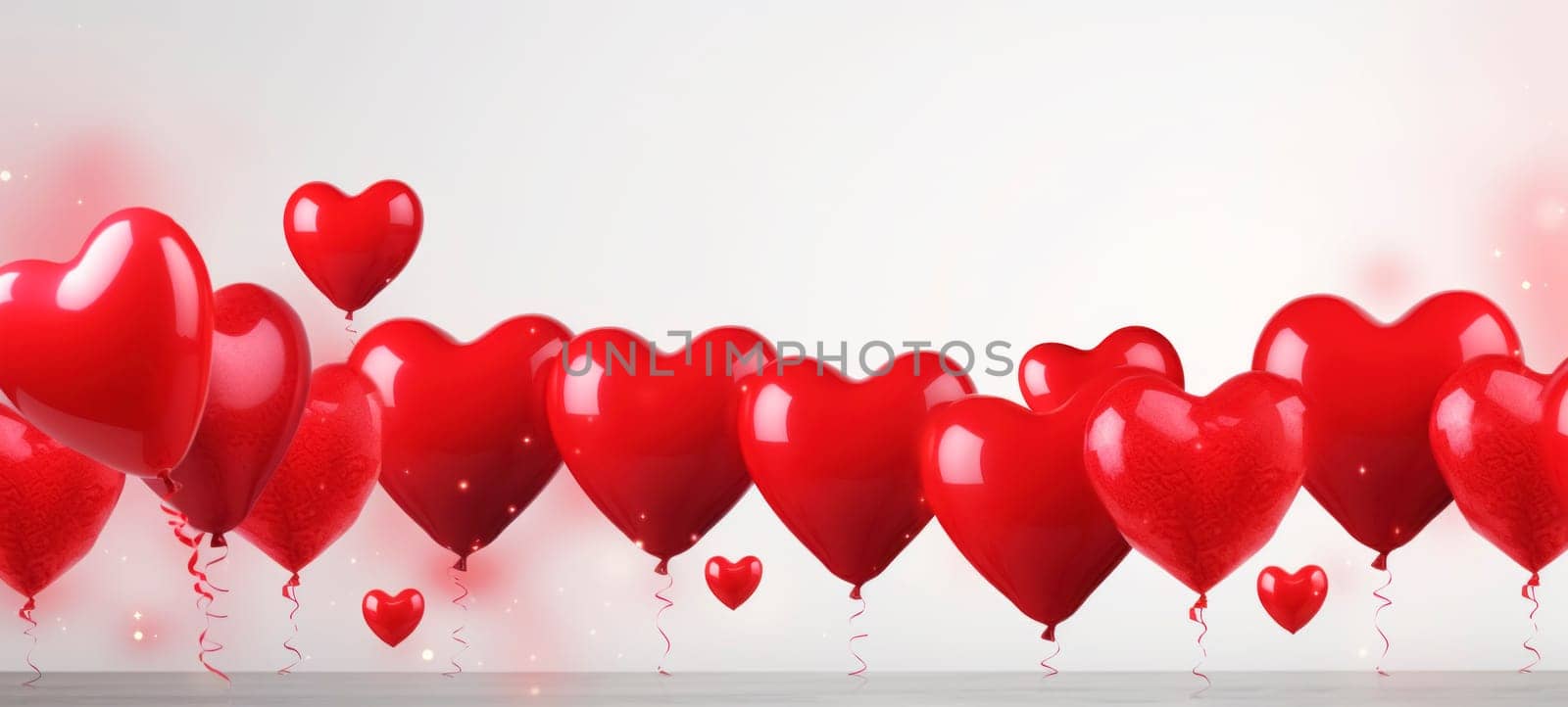 Row of red heart balloons against a romantic, soft-focus background, celebrating love and Valentine's Day