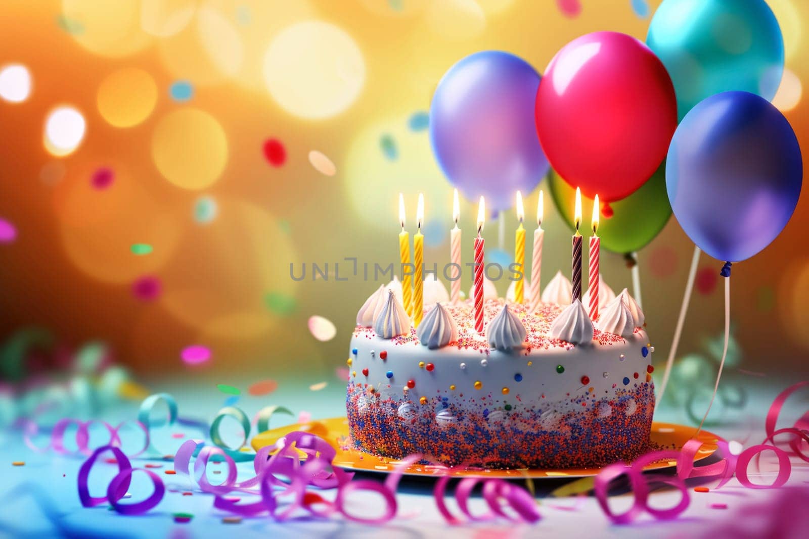 Birthday background with birthday cake with candles and colorful balloon by andreyz