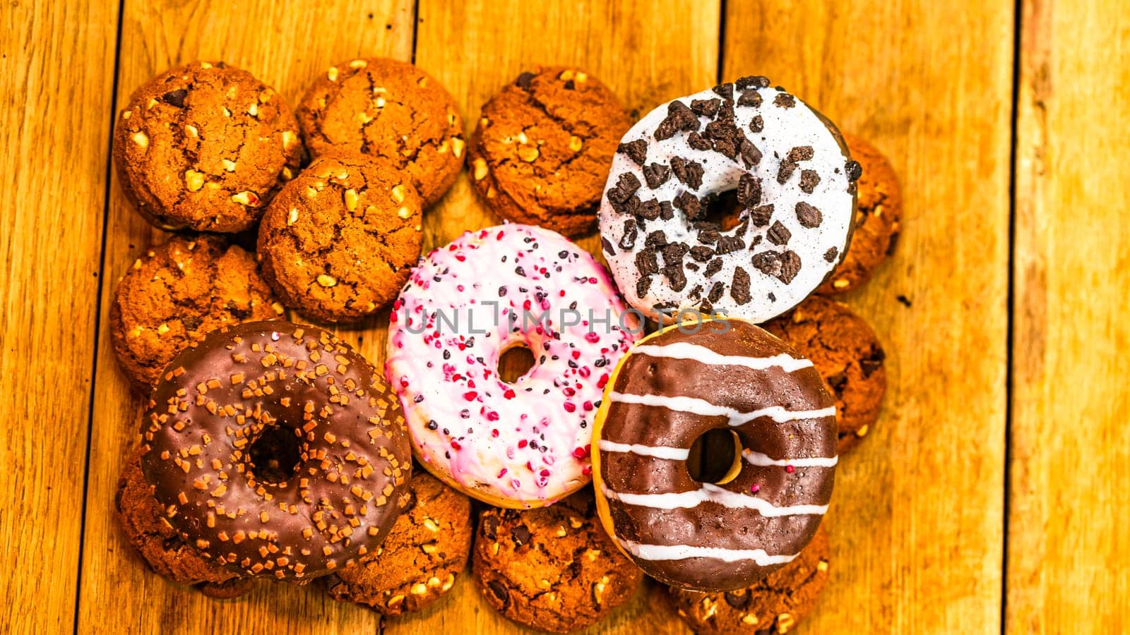 Colorful donuts on wooden table. Sweet icing sugar food with glazed sprinkles, doughnut with chocolate frosting. Top view with copy space