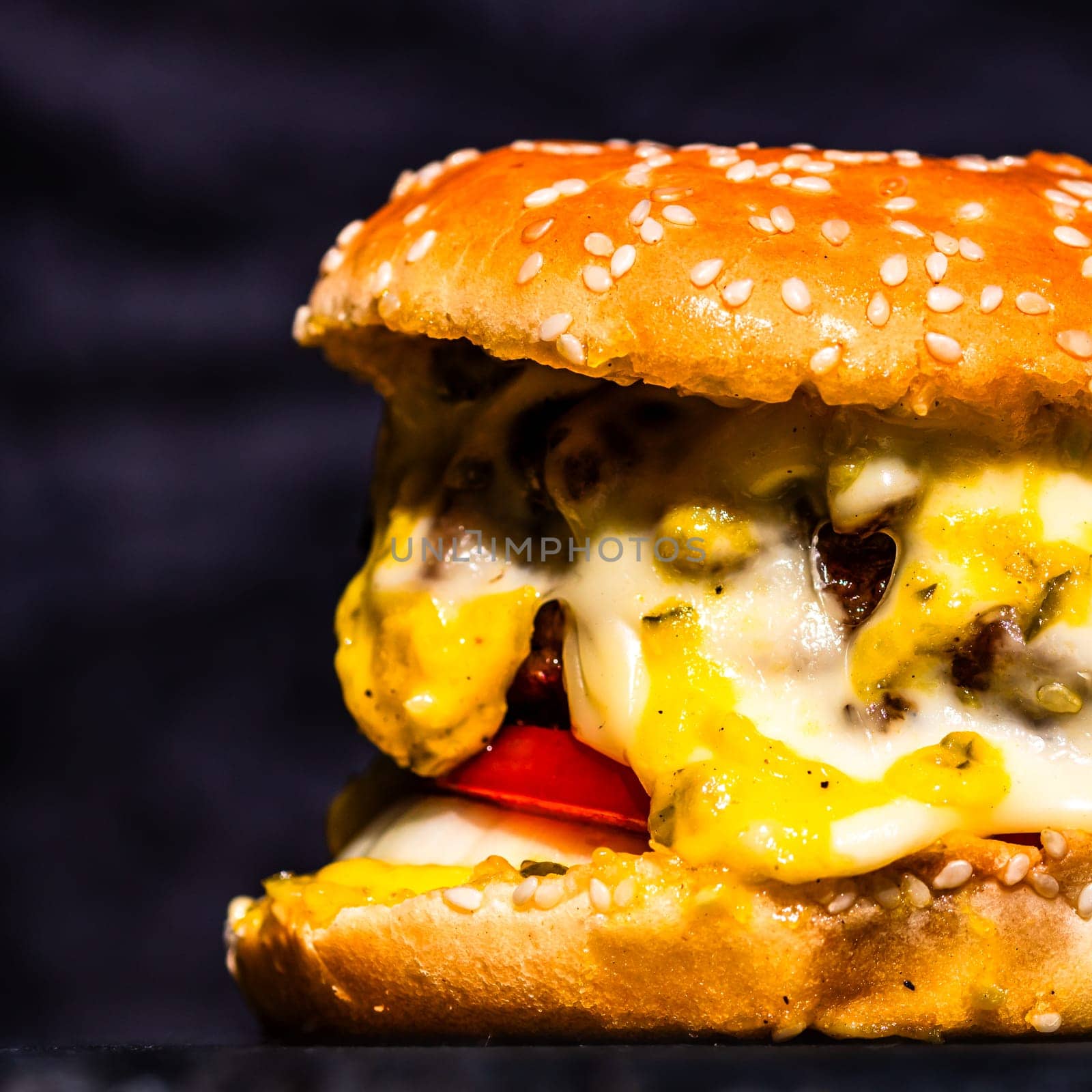 Tasty home made cheeseburger. Cheese burger with pickles, tomatoes, onion, melting cheese by vladispas