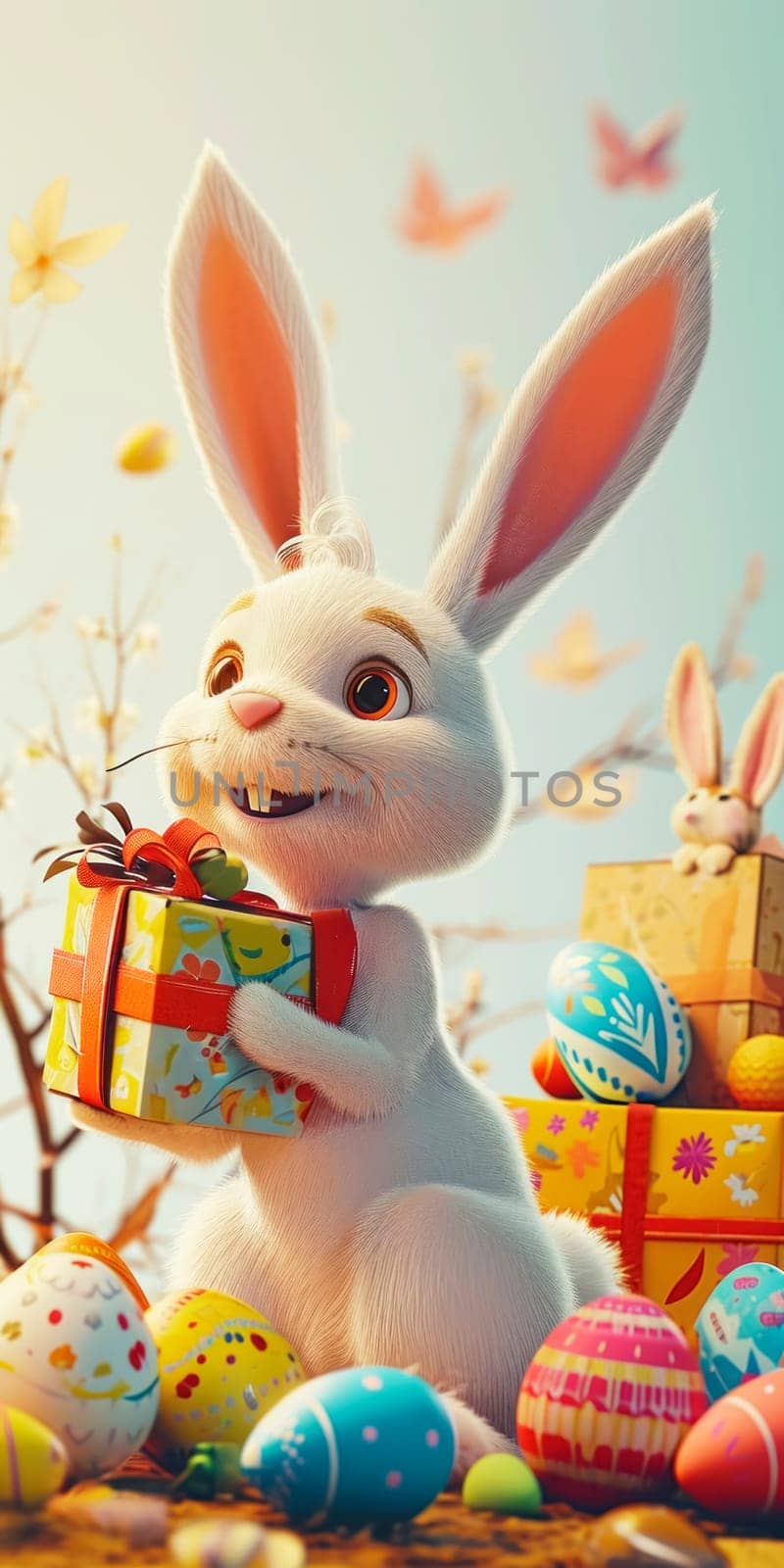 An adorable cartoon Easter bunny holding a decorated egg, surrounded by a variety of colorful eggs and gift boxes, celebrating the festive spirit.