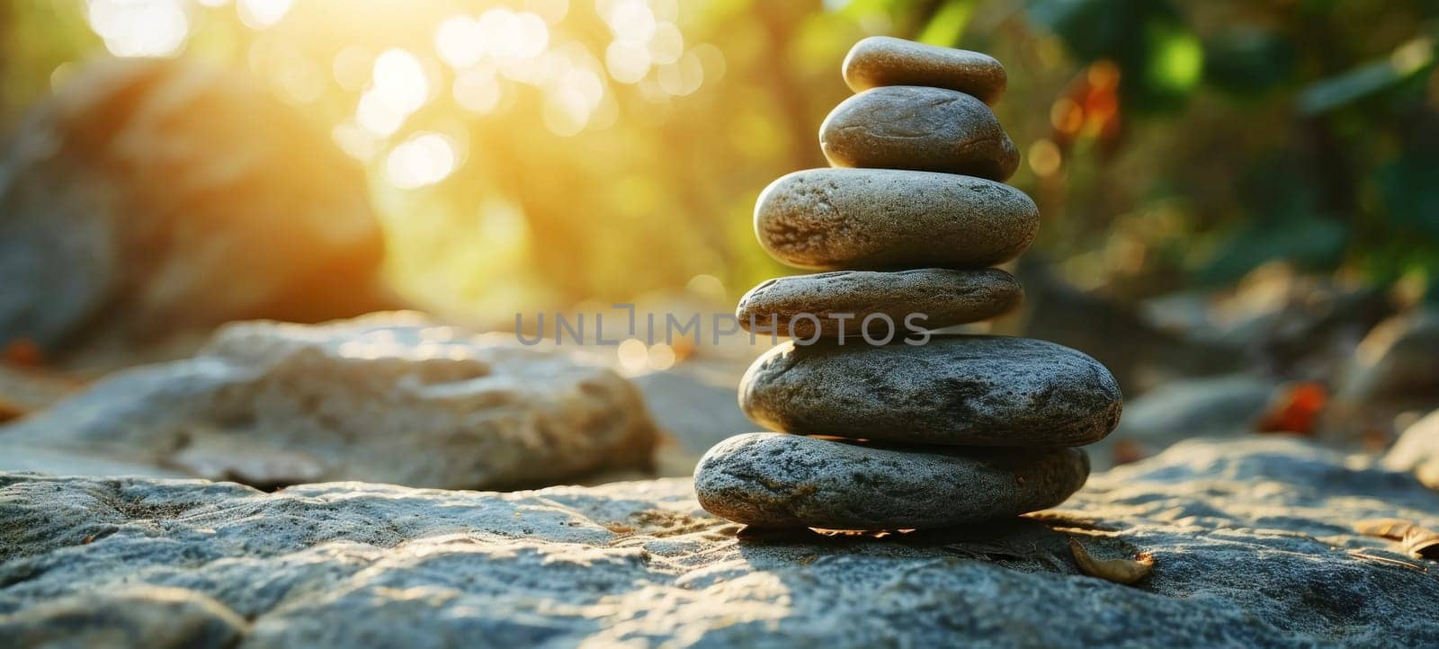 A stack of balanced stones on a mossy rock, creating a Zen-like natural scene with a warm sun flare in the background, symbolizing peace and mindfulness.