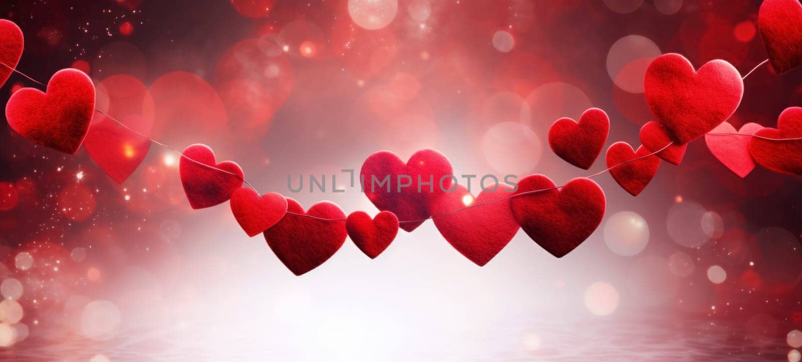 Romantic Red Hearts Garland on Dark Bokeh Background by andreyz