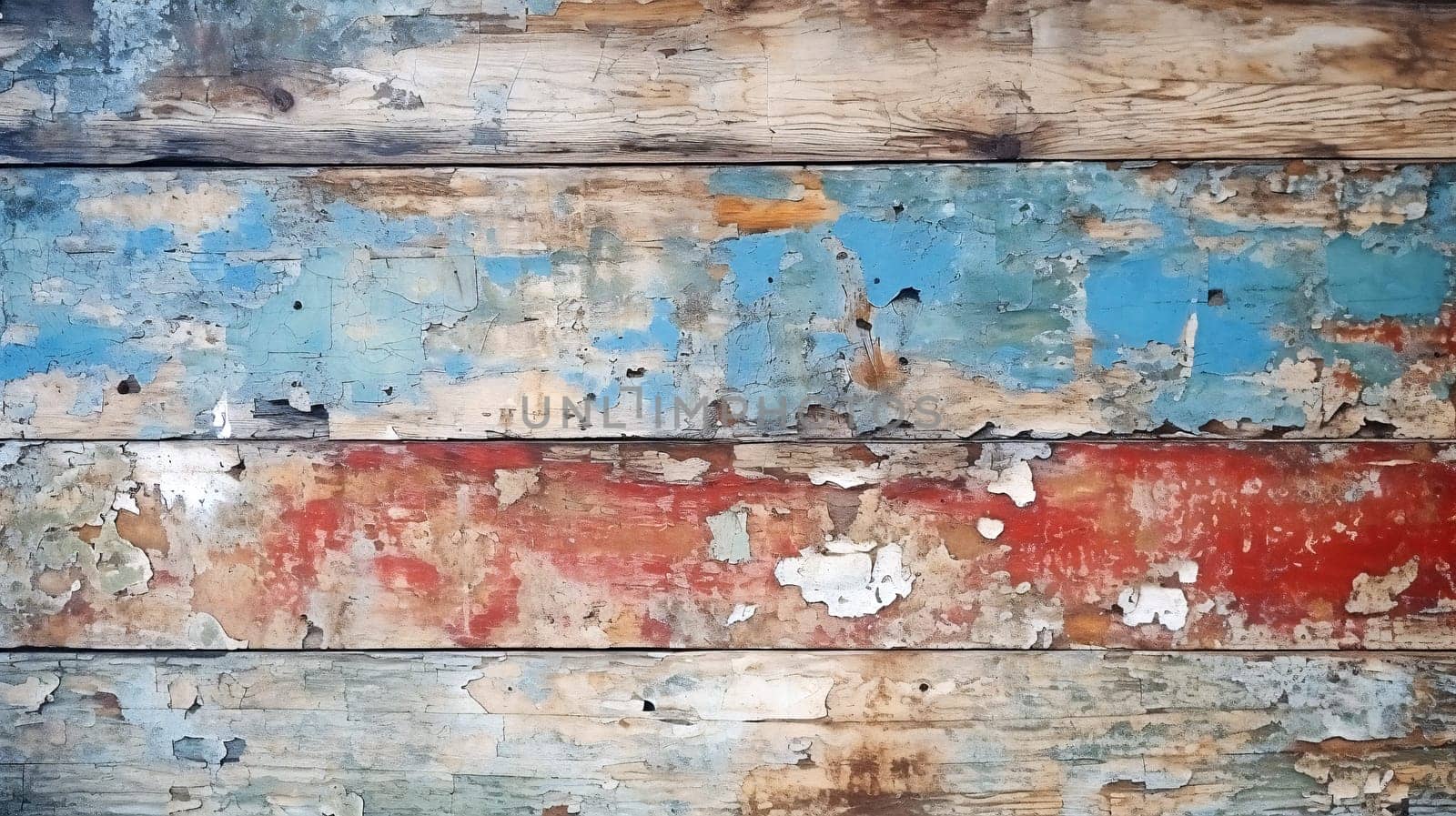 Weathered wooden texture with peeling blue and red paint - Generative AI