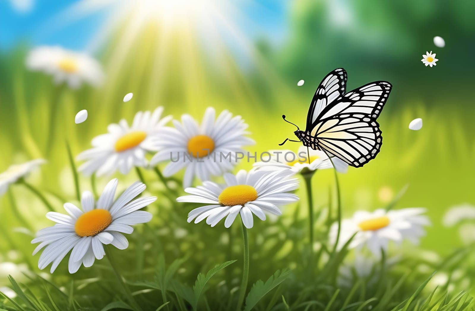 Cute summer illustration of a summer meadow, a butterfly sitting on a daisy flower, sunlight on a blue sky background, close-up.