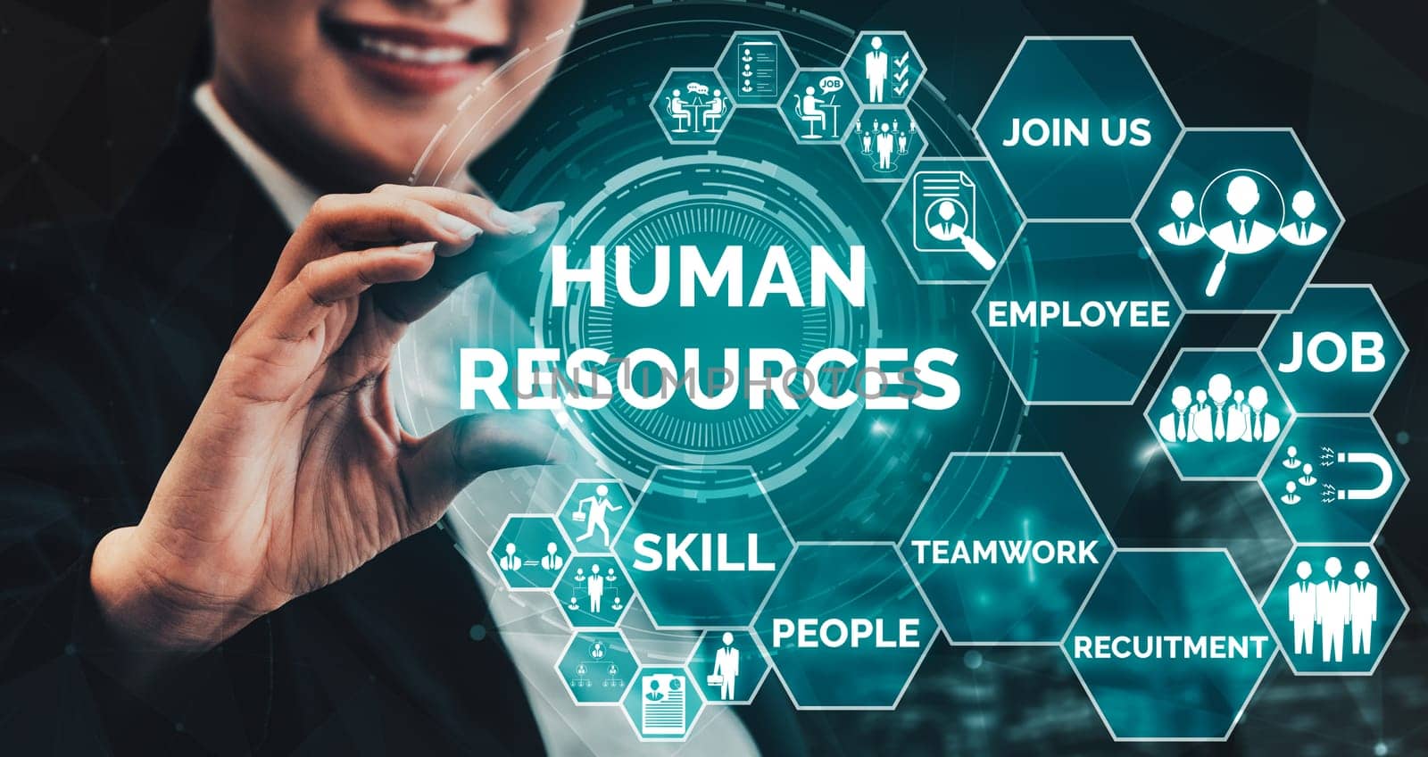 Human Resources Recruitment and People Networking Concept. Modern graphic interface showing professional employee hiring and headhunter seeking interview candidate for future manpower. uds