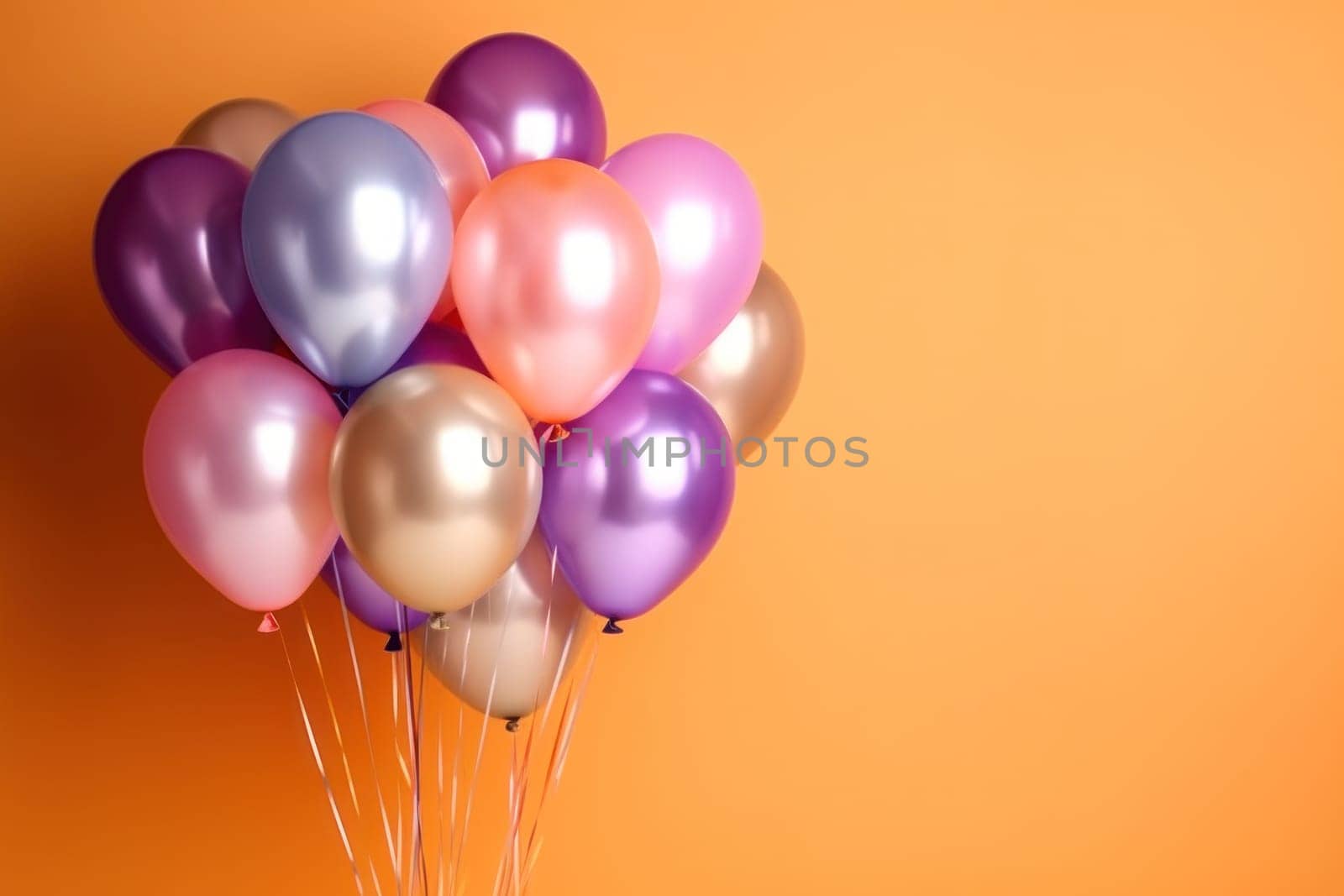 Bunch of bright balloons and space for text against color background. Generative AI.