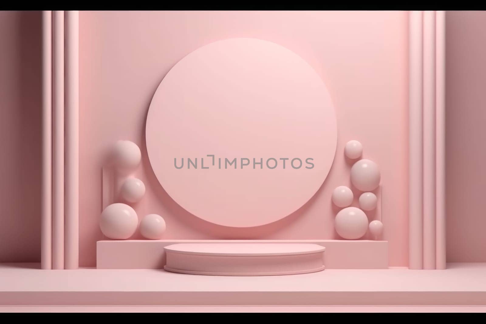 Pink wall podium surrounded by luxury stones, the style of minimalist stage designs. Generative AI by golfmerrymaker