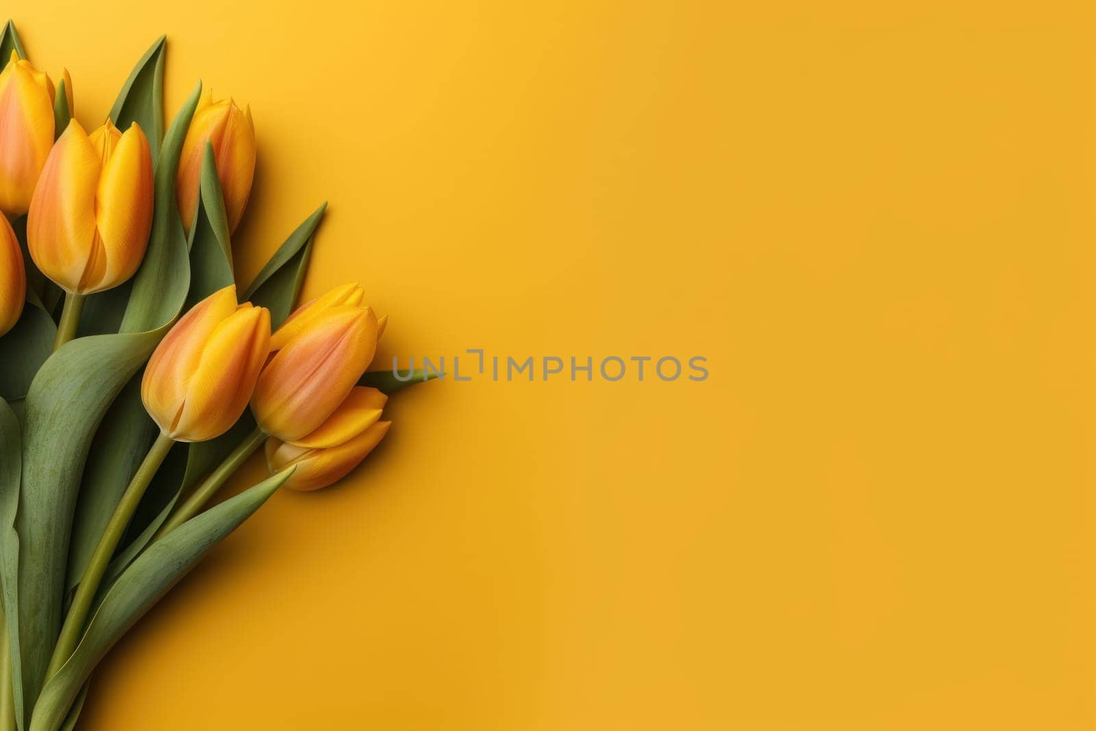 Photo of tulips on yellow background, copy space. Generative AI by golfmerrymaker