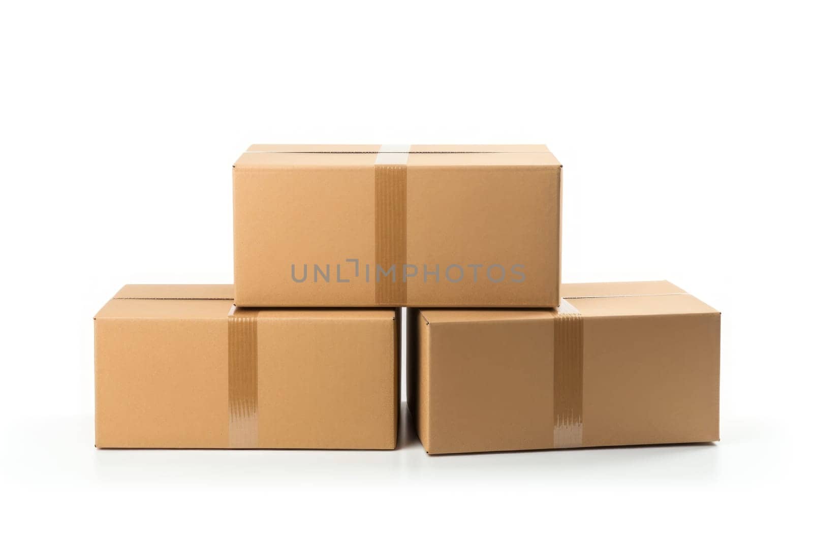 Clean, plain cardboard boxes in stock , white background, isolated on white. Generative AI.