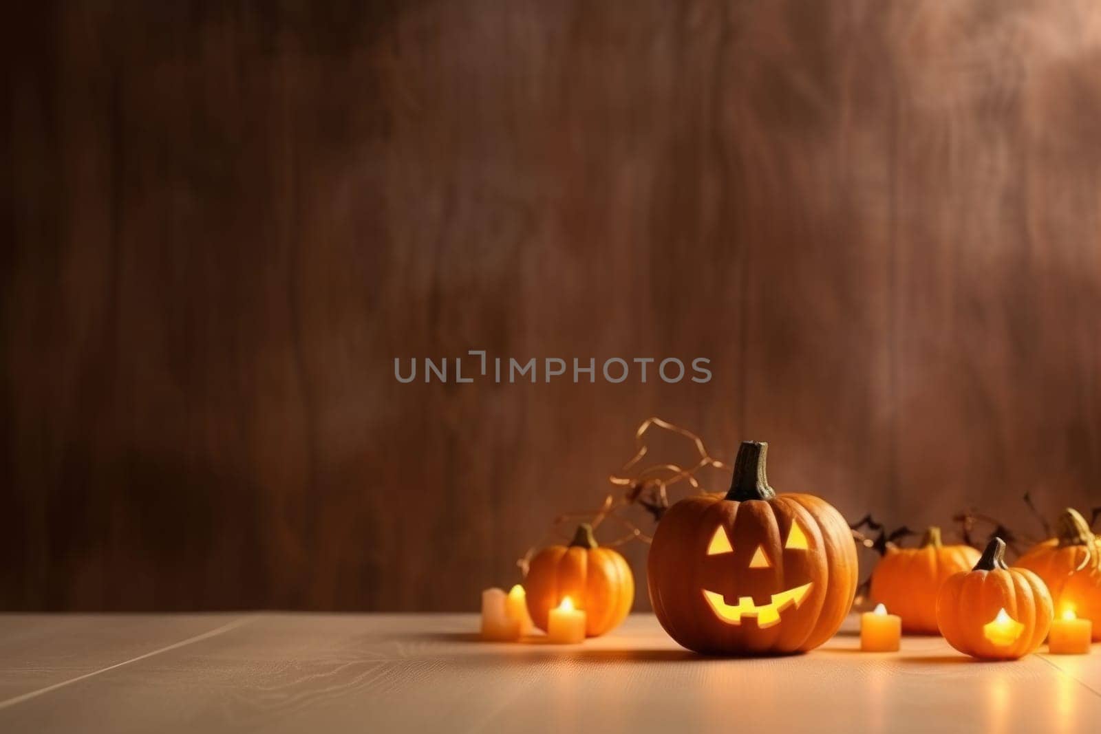 Halloween decorations light background with copy space. Generative AI.