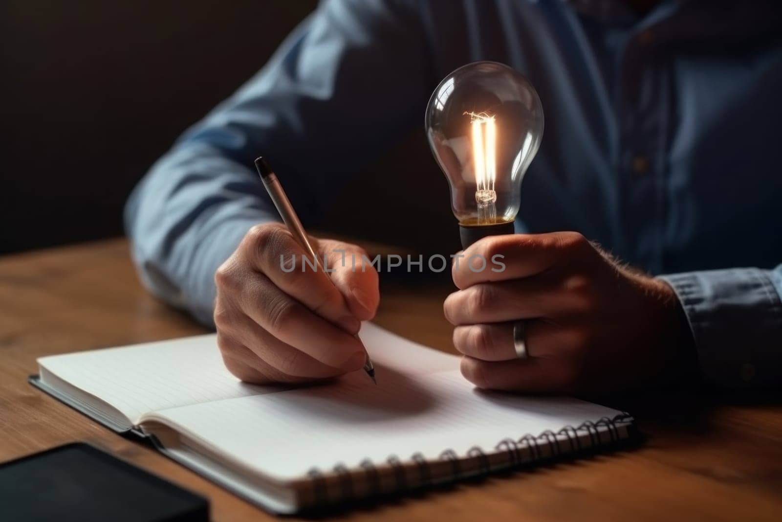 New idea concept with man writing down on paper his new idea. Generative AI by golfmerrymaker