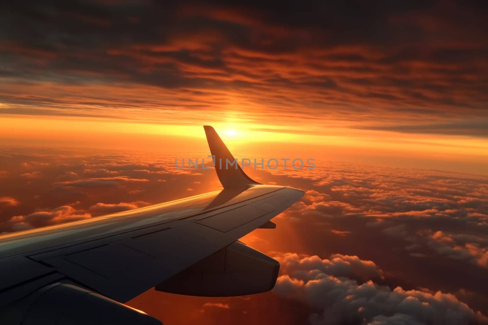Sunset view from airplane window. Generative AI by golfmerrymaker