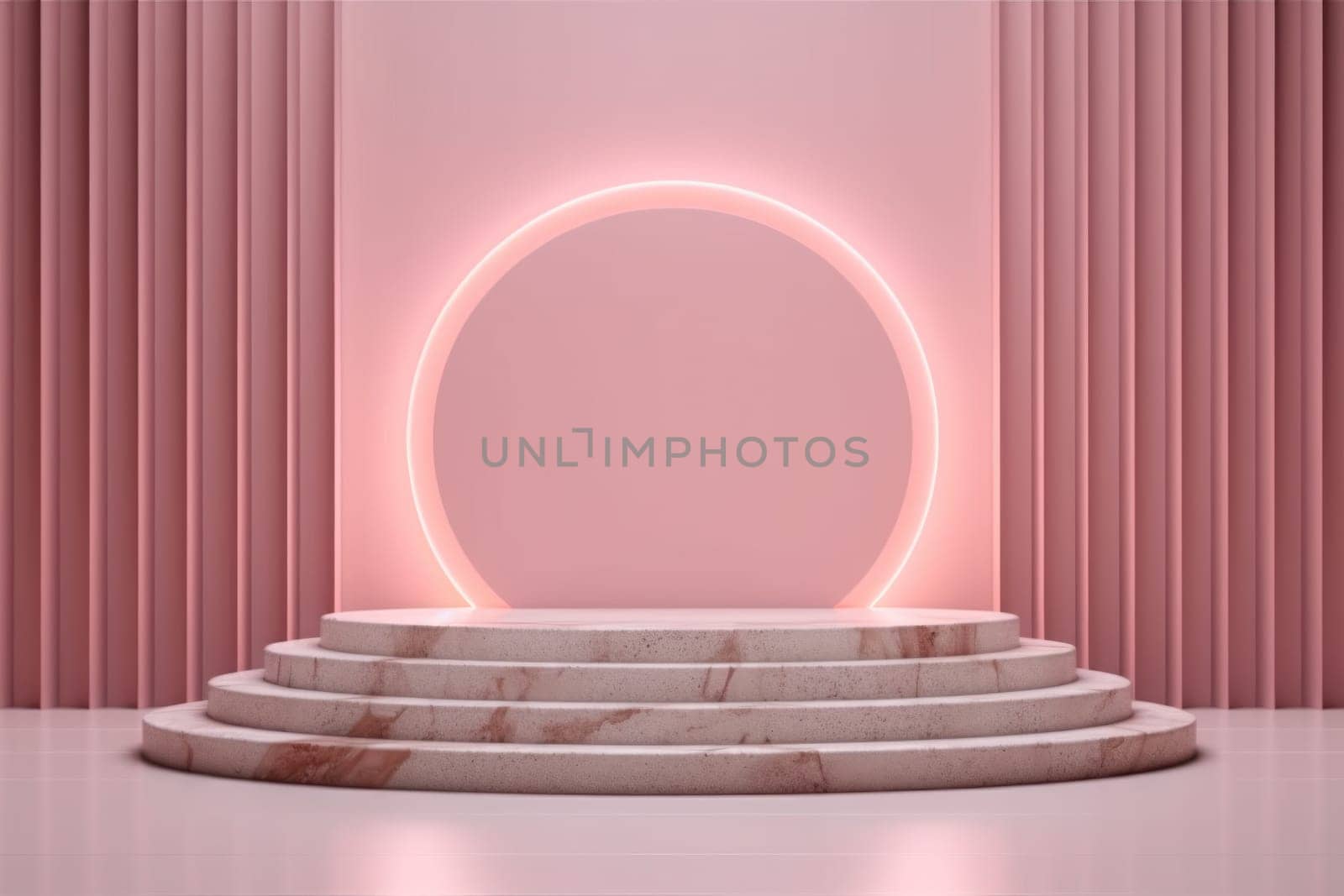 Pink wall podium surrounded by luxury stones, the style of minimalist stage designs. Generative AI by golfmerrymaker