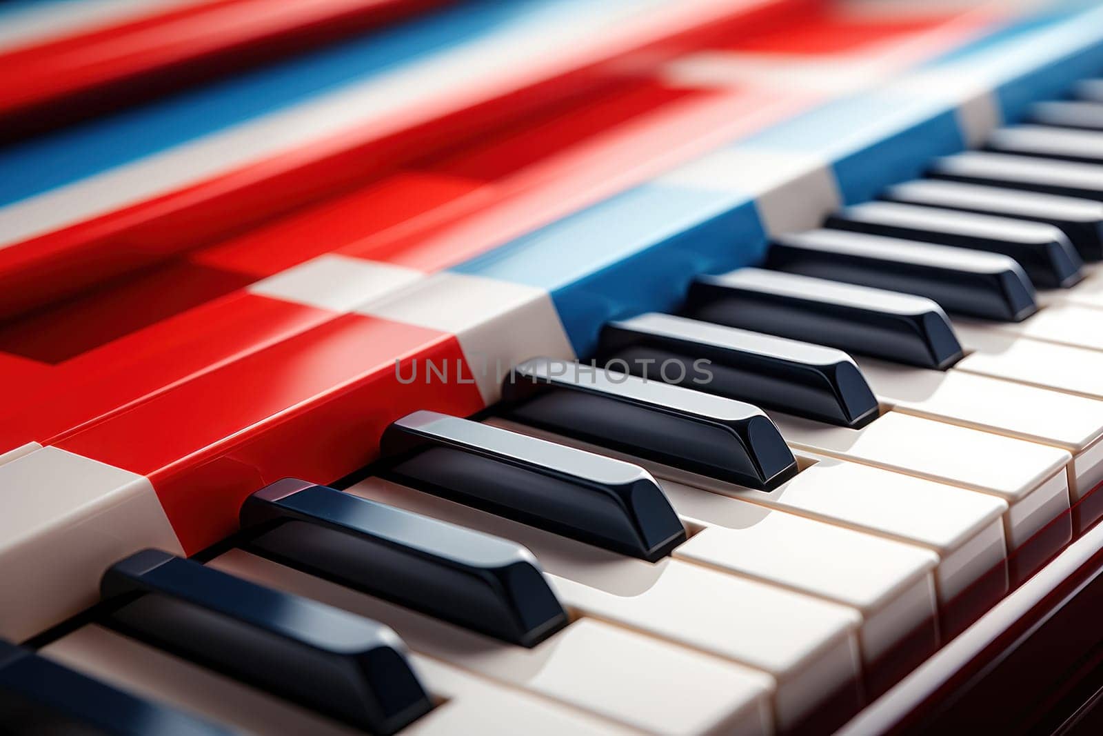 Modern piano keys horizontally lining one side and aura of red white and blue. Generative AI by golfmerrymaker