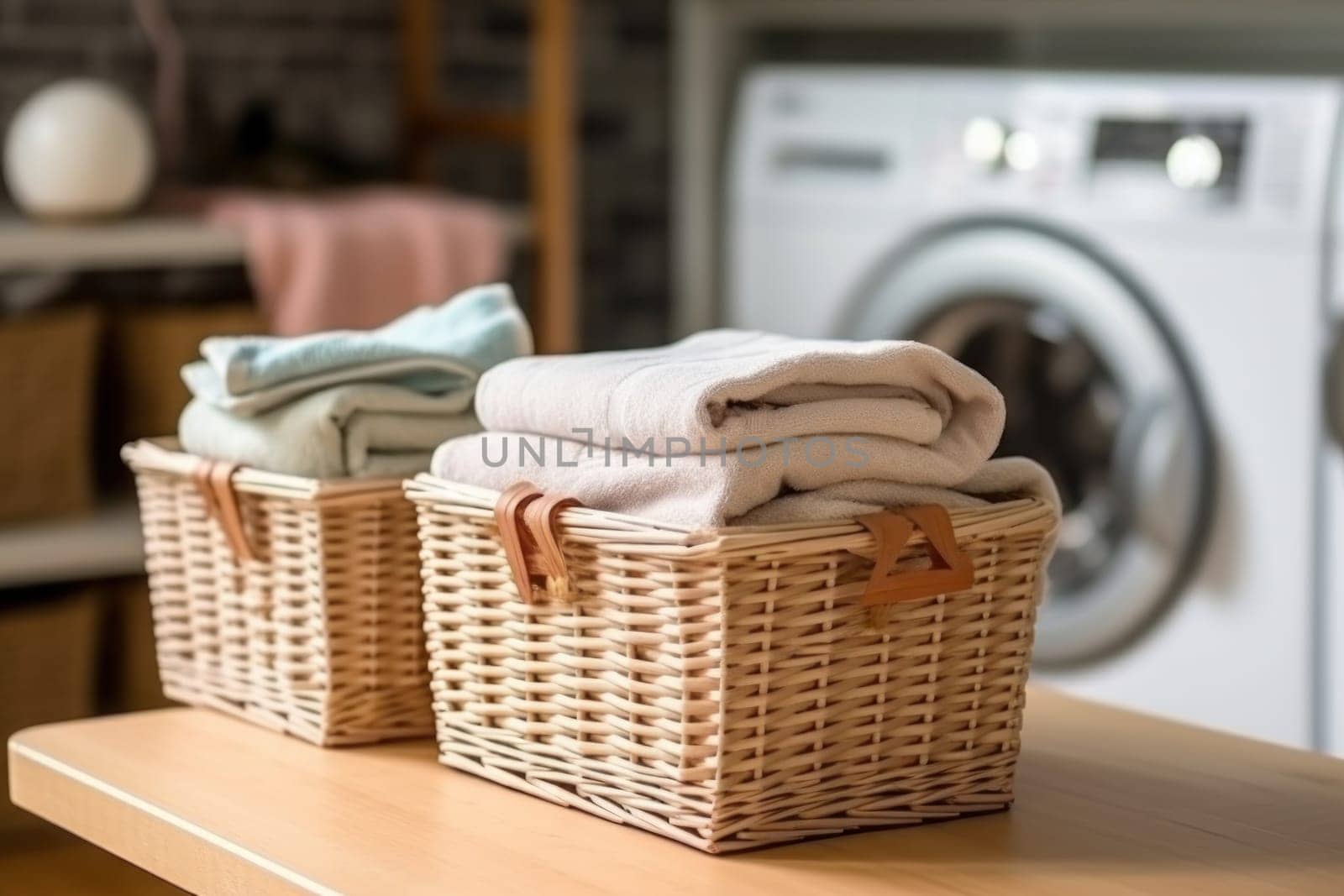 Basket with dirty clothes near washing machines in a kitchen. Generative AI.