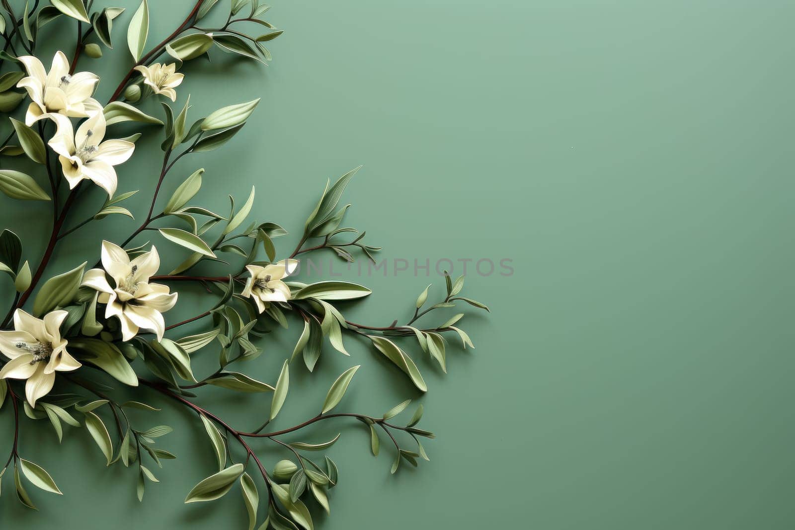 Dried Greenery on Green Background, Copy Space. Generative AI by golfmerrymaker