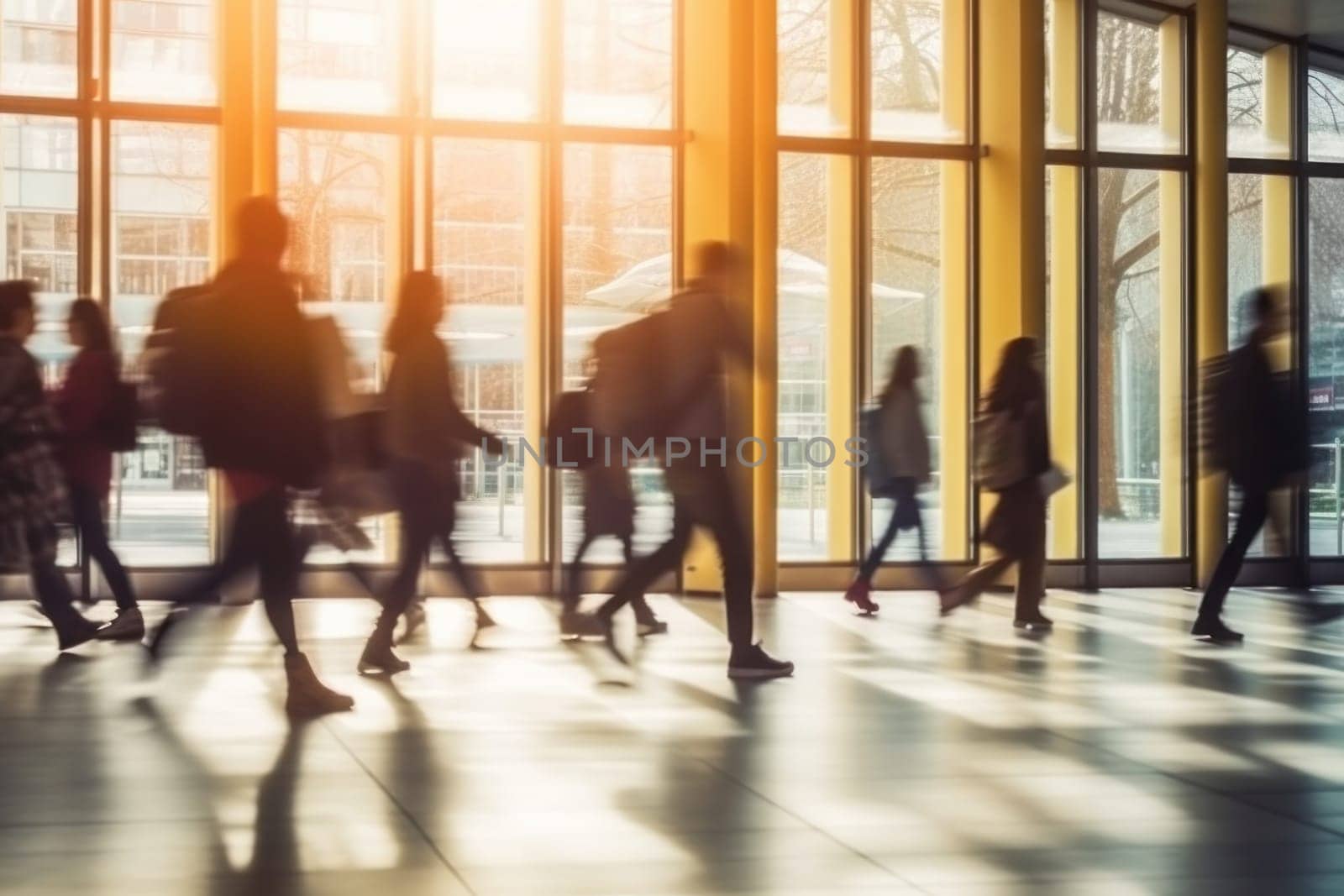 Photo blurry, Abstract Image of student People Walking on the school. Generative AI.
