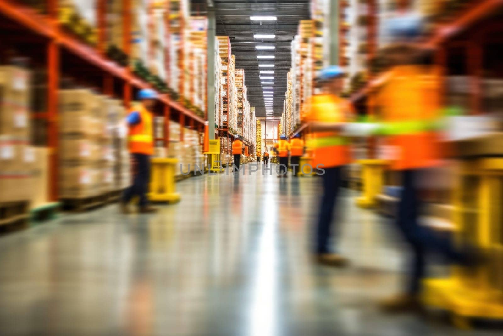 Blurred image of warehouse employees in action, moving shipping boxes efficiently. Generative AI.