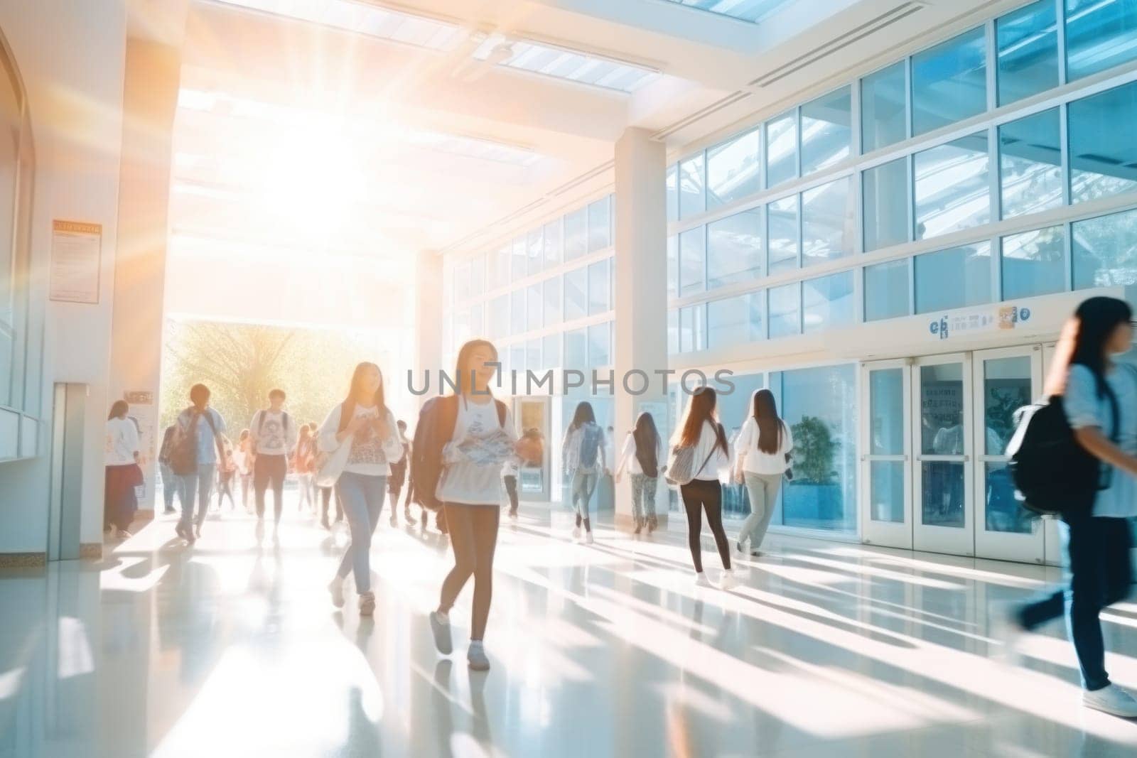 Photo blurry, Abstract Image of student People Walking on the school. Generative AI.