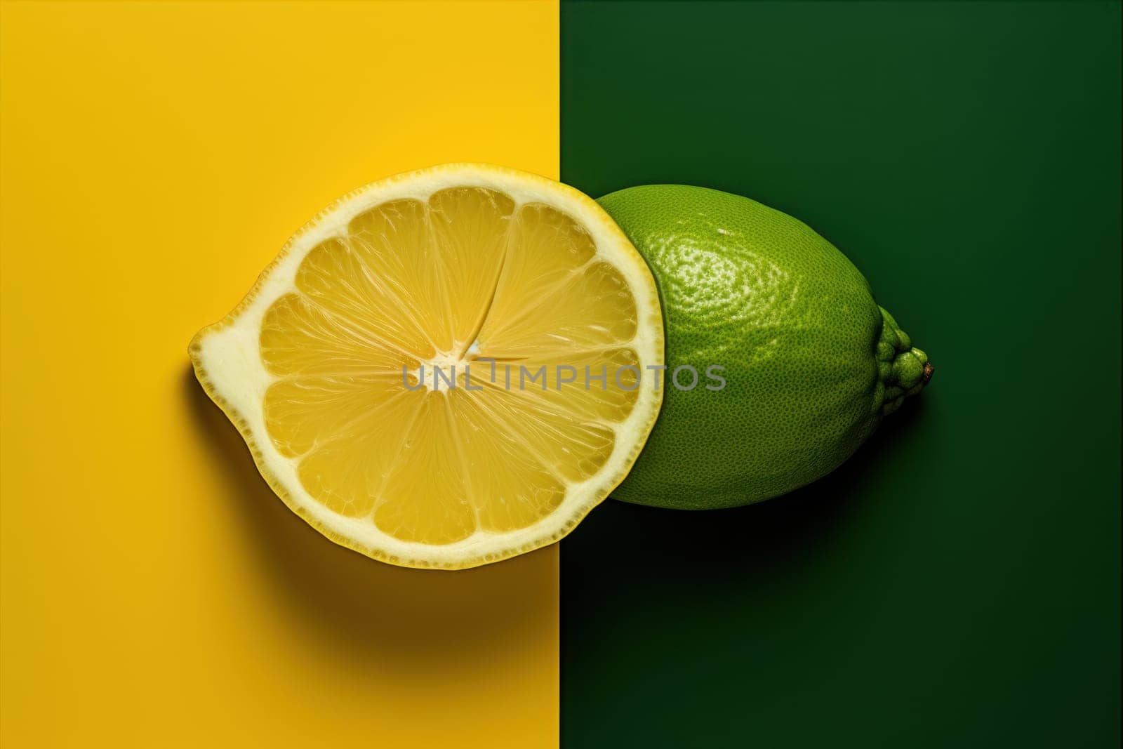 Poster of a lemon cut-off,half yellow,half green. Generative AI.
