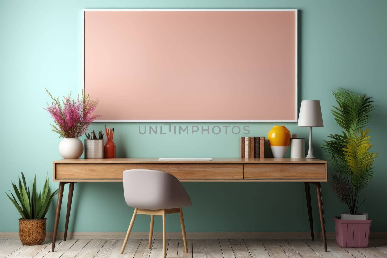 Mockup picture frame. School interior. very cute and colorful bedroom. Generative AI.