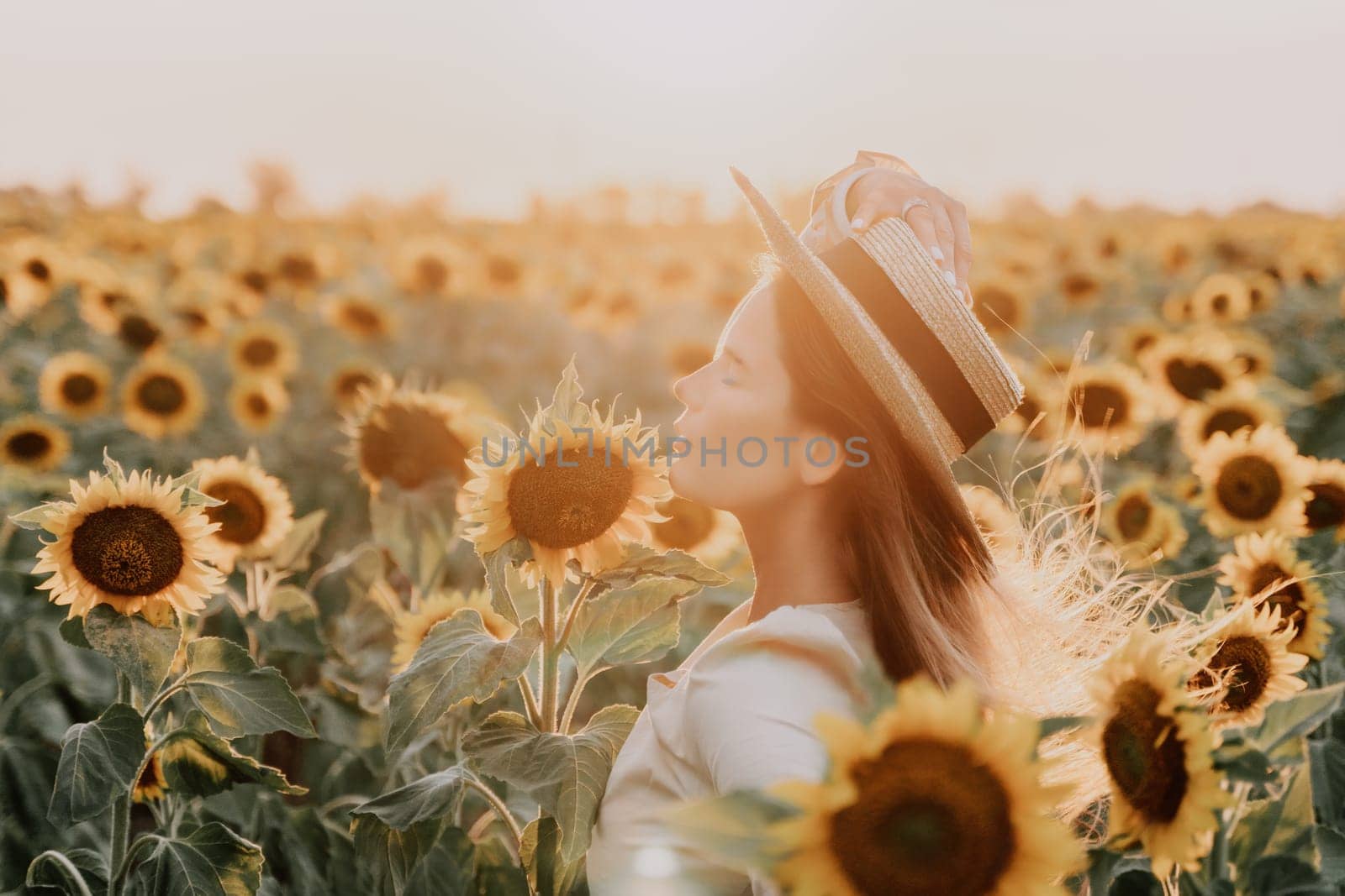 Woman in Sunflower Field: Happy girl in a straw hat posing in a vast field of sunflowers at sunset, enjoy taking picture outdoors for memories. Summer time. by panophotograph