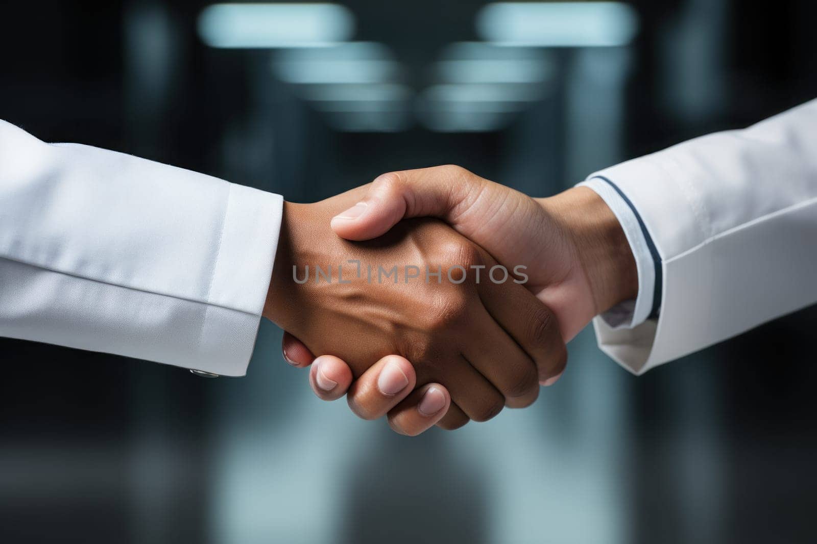 Close-up on a medical insurance agent greeting a doctor with a handshake. Generative AI.
